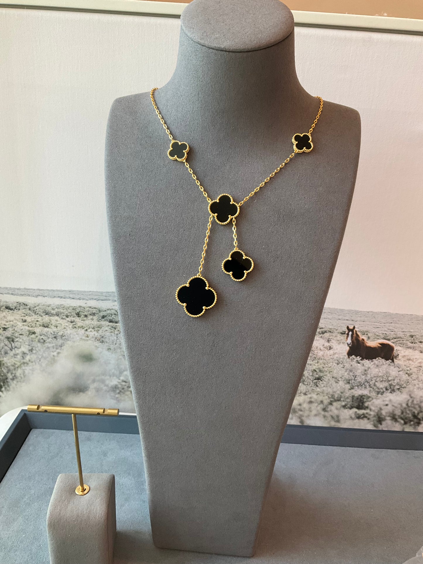 6 motifs black onxy clover charm necklace 925 silver 18k gold plated 42cm long - ParadiseKissCo