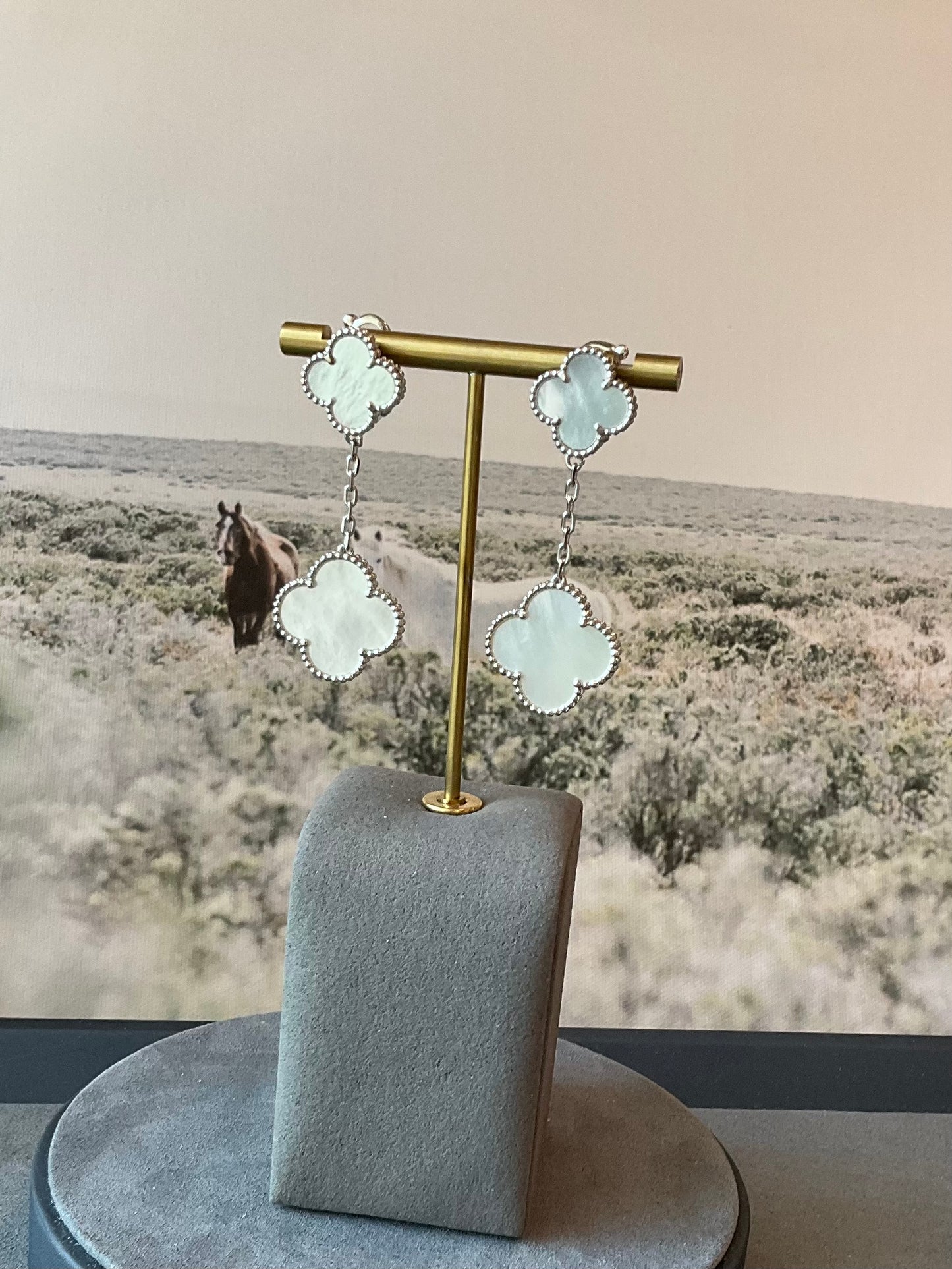 2 motifs Mother of pearl clover earrings clover dangle earrings 925 silver 18k white gold plated - ParadiseKissCo