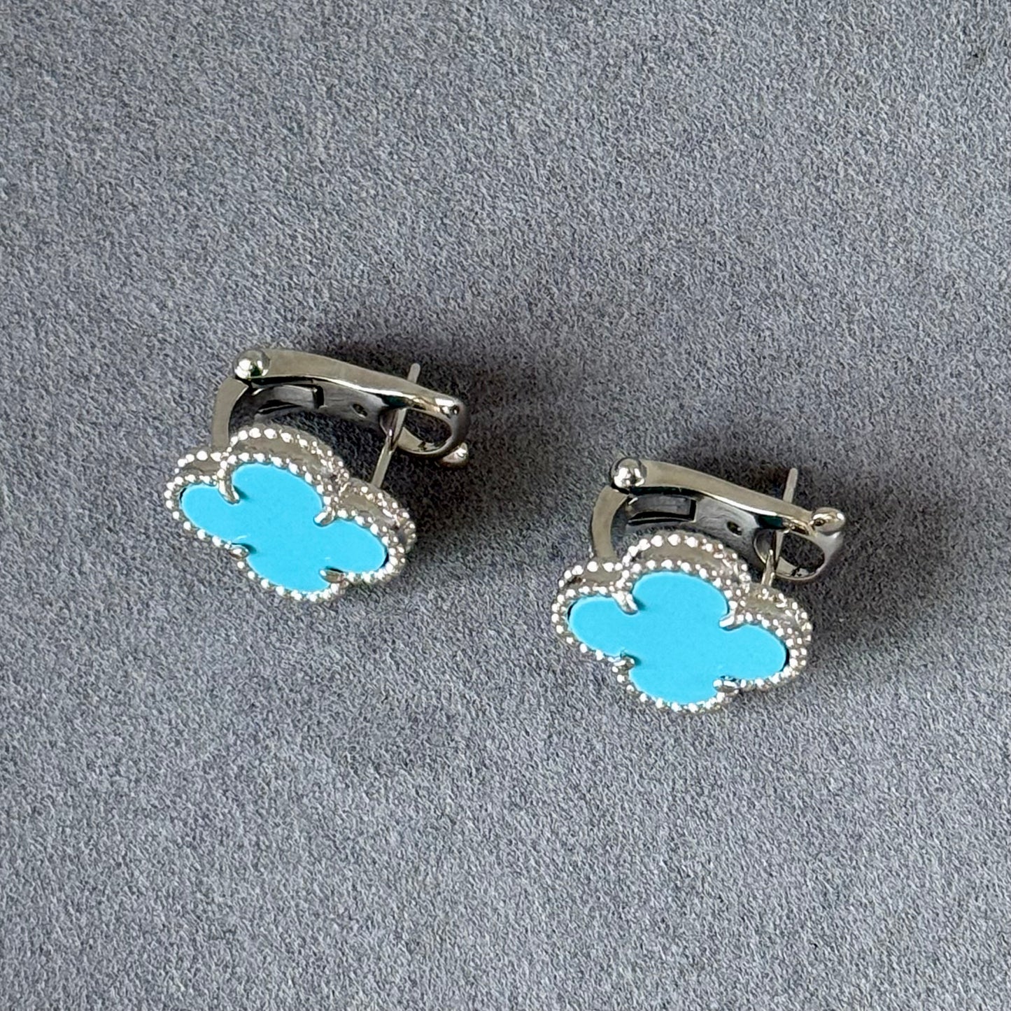 15mm Turquoise clover earrings 925 silver 18k white gold plated