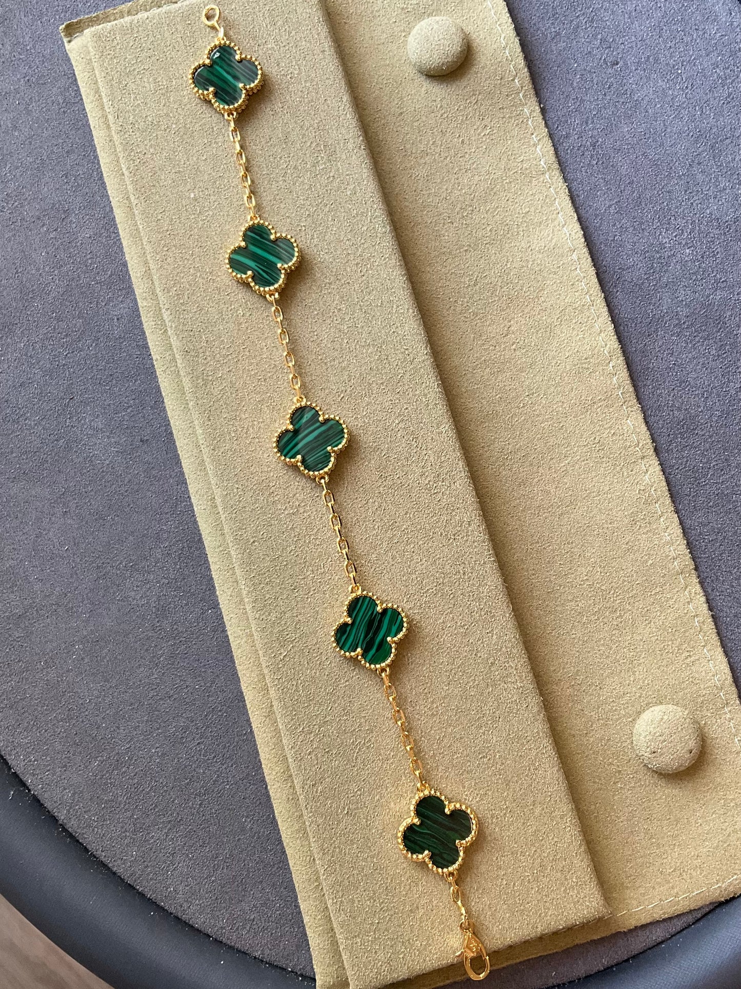 5 motifs 15mm clover green malachite clover bracelet 925 silver with 18k gold plated 7.5 inches - ParadiseKissCo