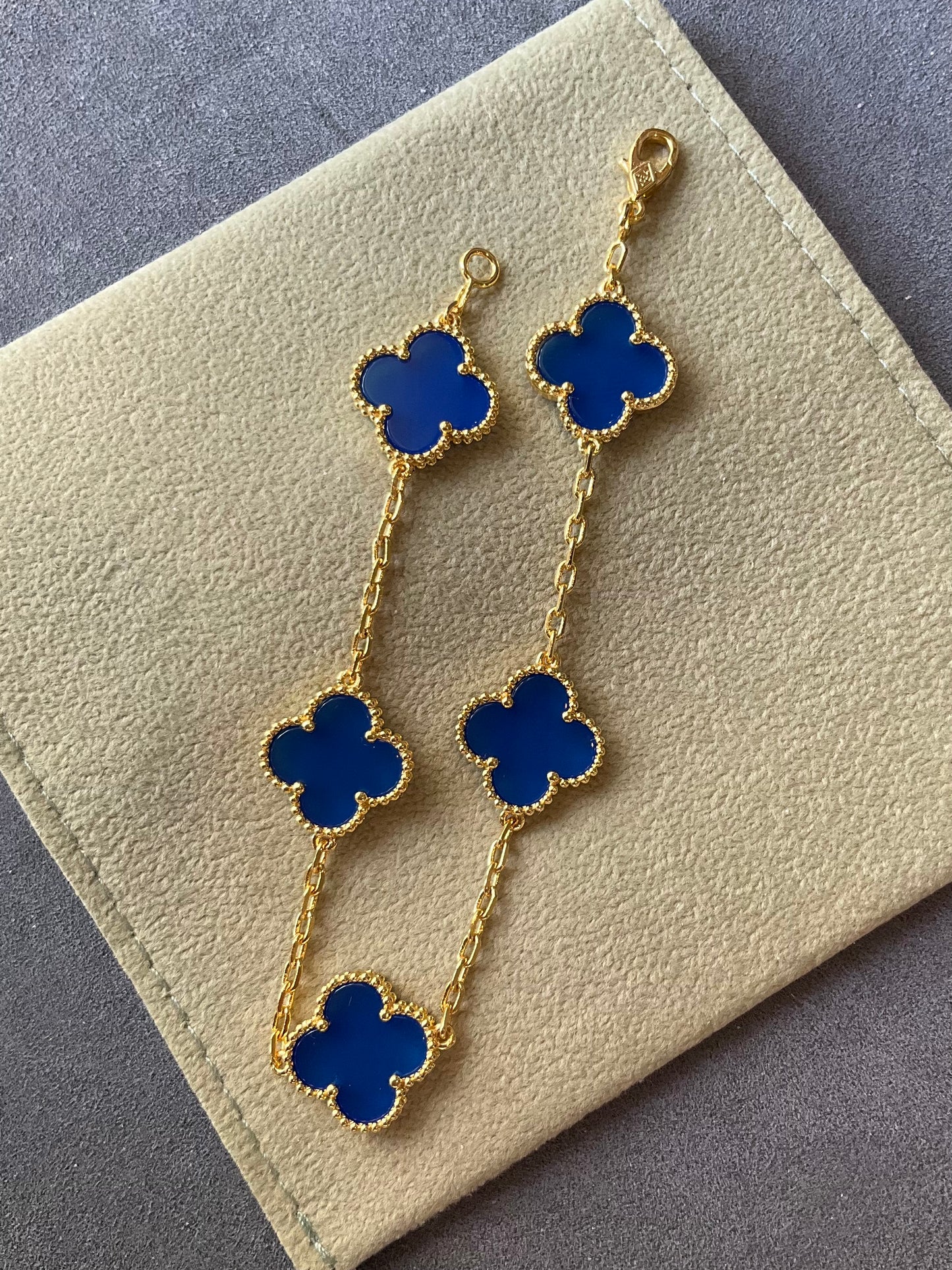 5 motifs 15mm clover blue agate clover bracelet 925 silver with 18k gold plated 7.5 inches - ParadiseKissCo