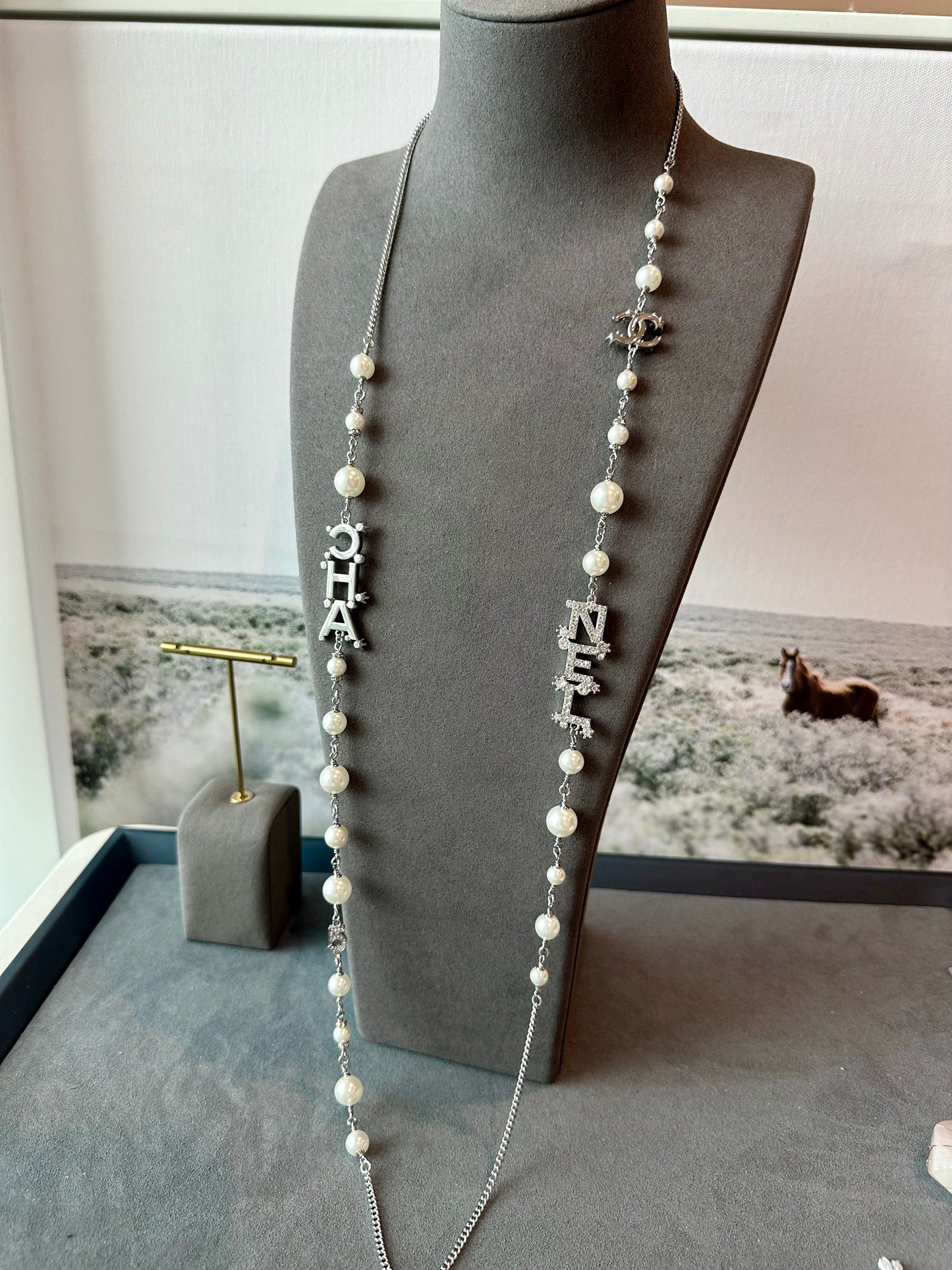 coco silver pearl charms long necklace - ParadiseKissCo