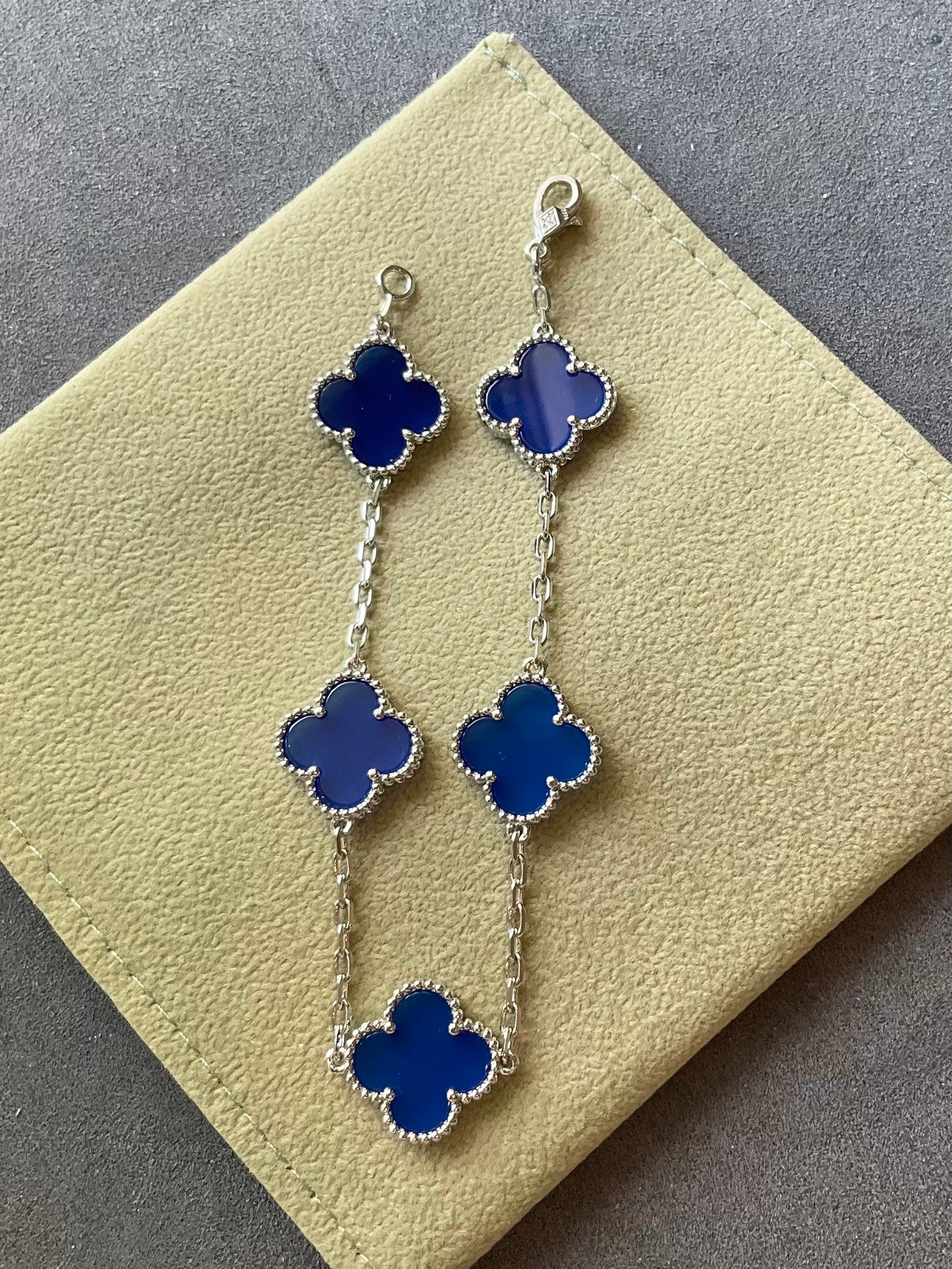 5 motifs 15mm clover blue agate clover bracelet 925 silver with 18k gold plated 7.5 inches - ParadiseKissCo