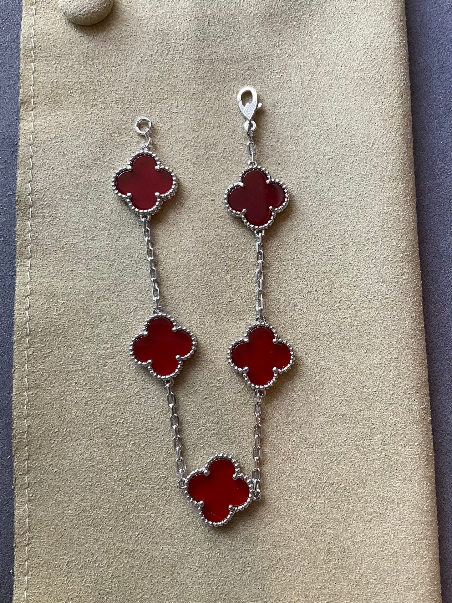 15mm carnelian 5 motifs clover bracelet 925 silver with 18k gold plated 7.5 inches - ParadiseKissCo