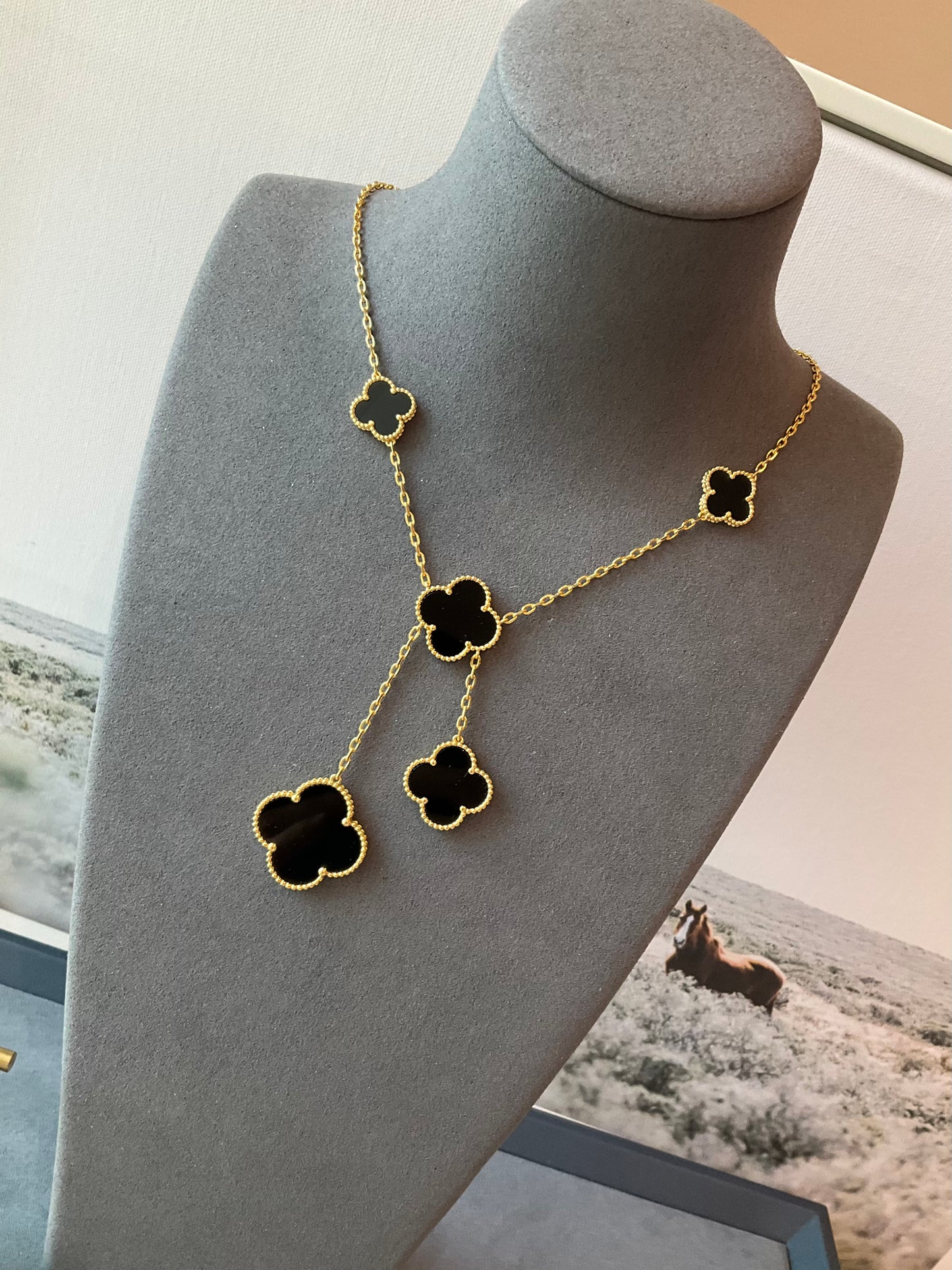 6 motifs black onxy clover charm necklace 925 silver 18k gold plated 42cm long - ParadiseKissCo