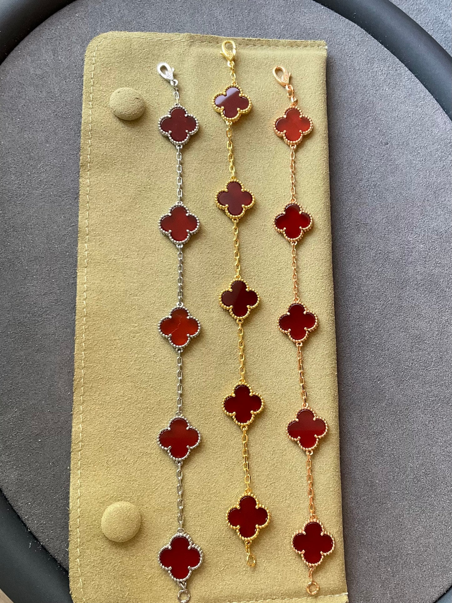 15mm carnelian 5 motifs clover bracelet 925 silver with 18k gold plated 7.5 inches - ParadiseKissCo