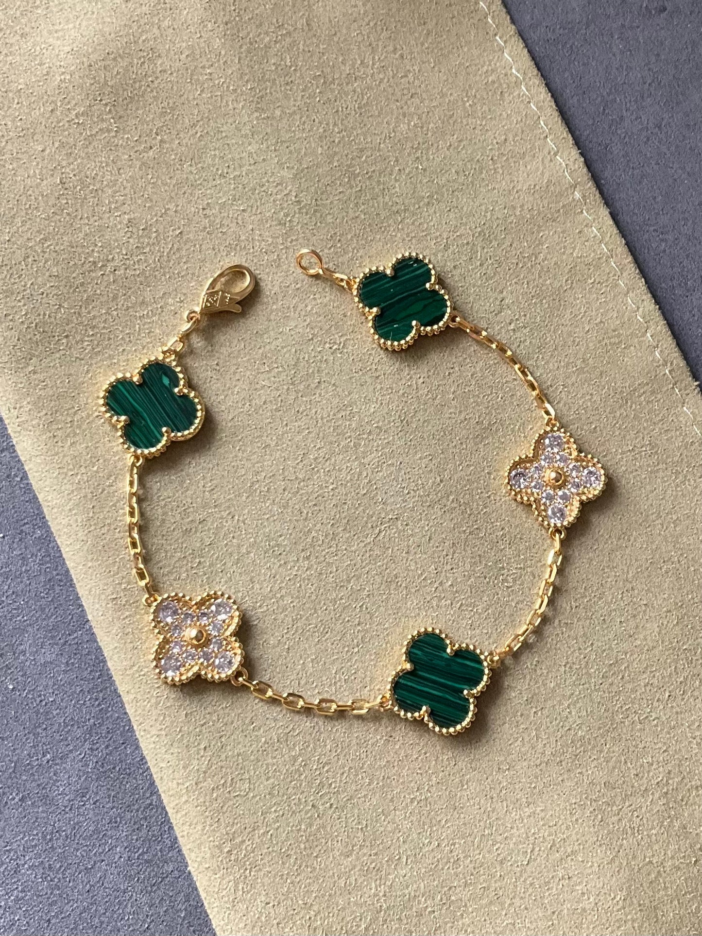 5 motifs 15mm cz clover malachite clover bracelet 925 silver 18k gold plated 7.5 inches - ParadiseKissCo