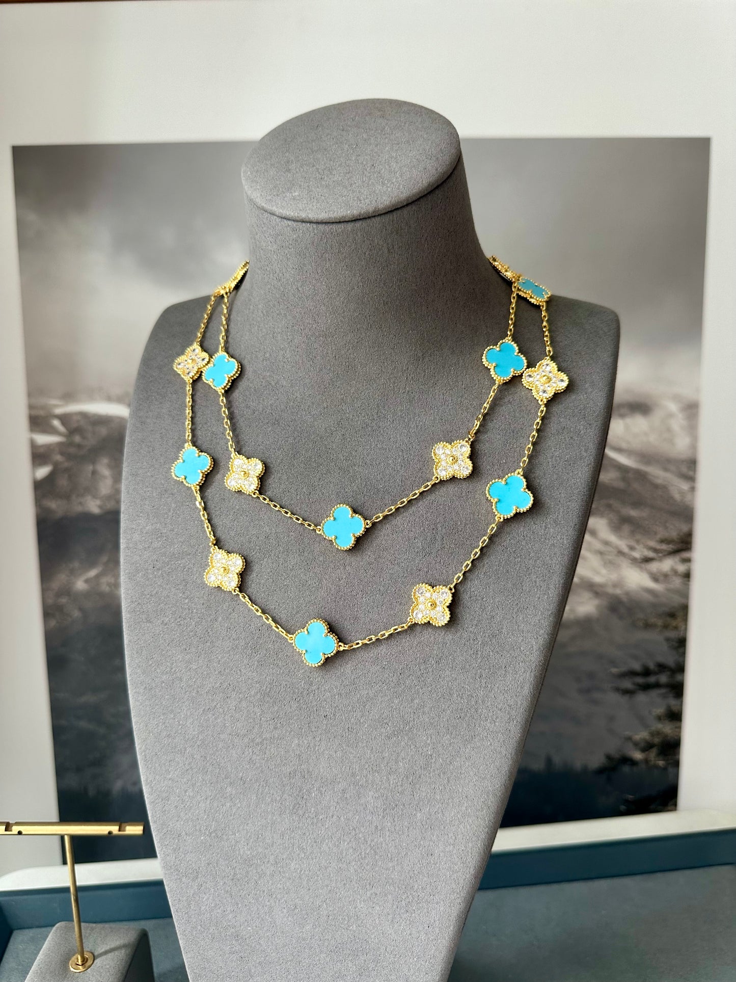 20 motifs gemstone cz 18k Gold Plated Clover Flower Style S 925 Silver Necklace 84cm