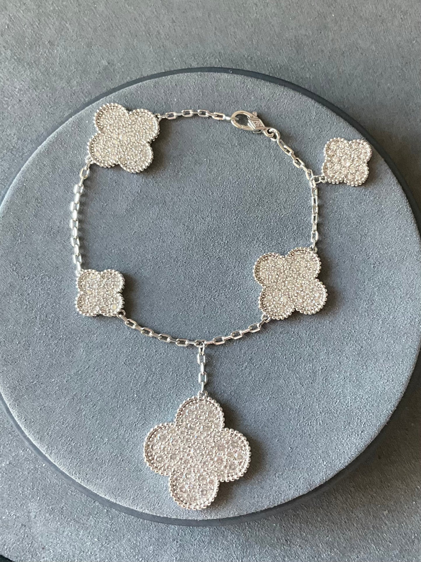 Cz Charm clover bracelet 925 silver 18k white gold plated 7.5 inches long - ParadiseKissCo