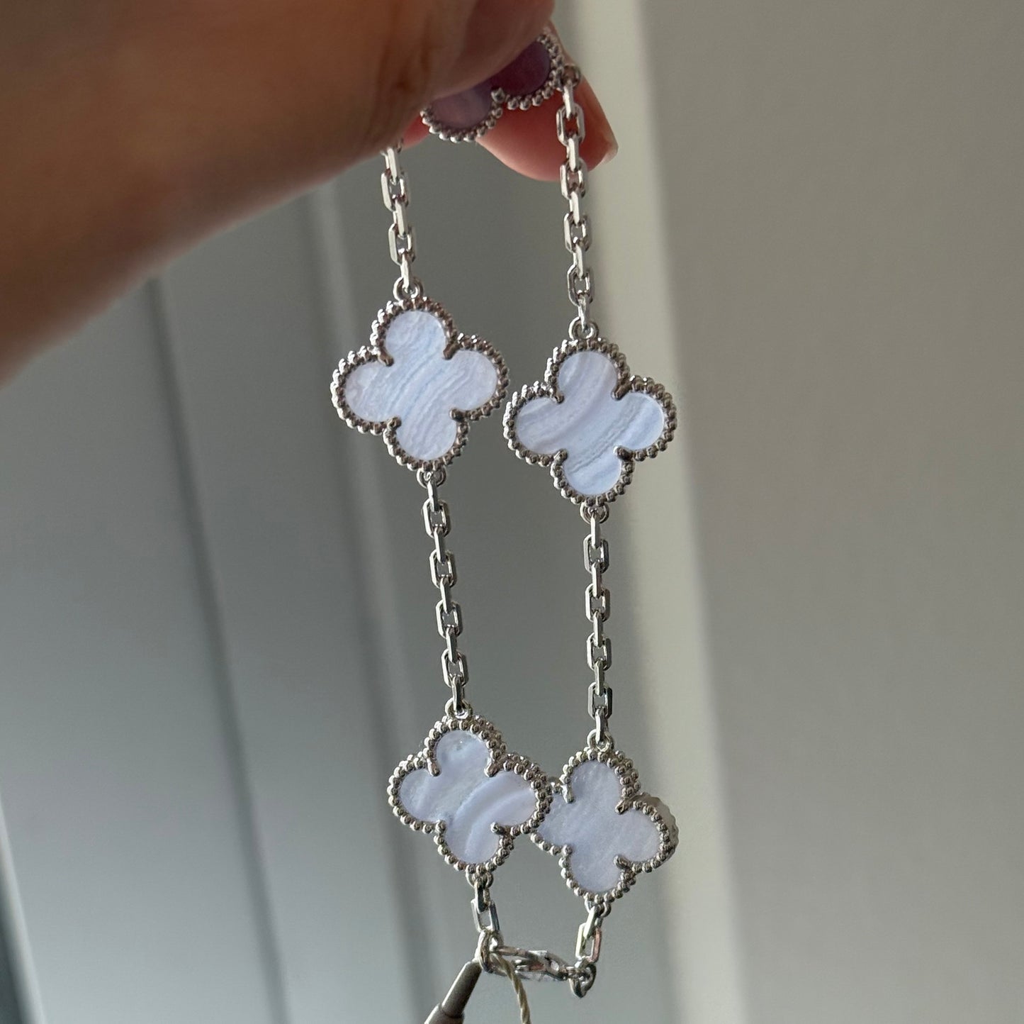 Chalcedony Clover Bracelet With White Gold Plated 7.5 inches CNC version