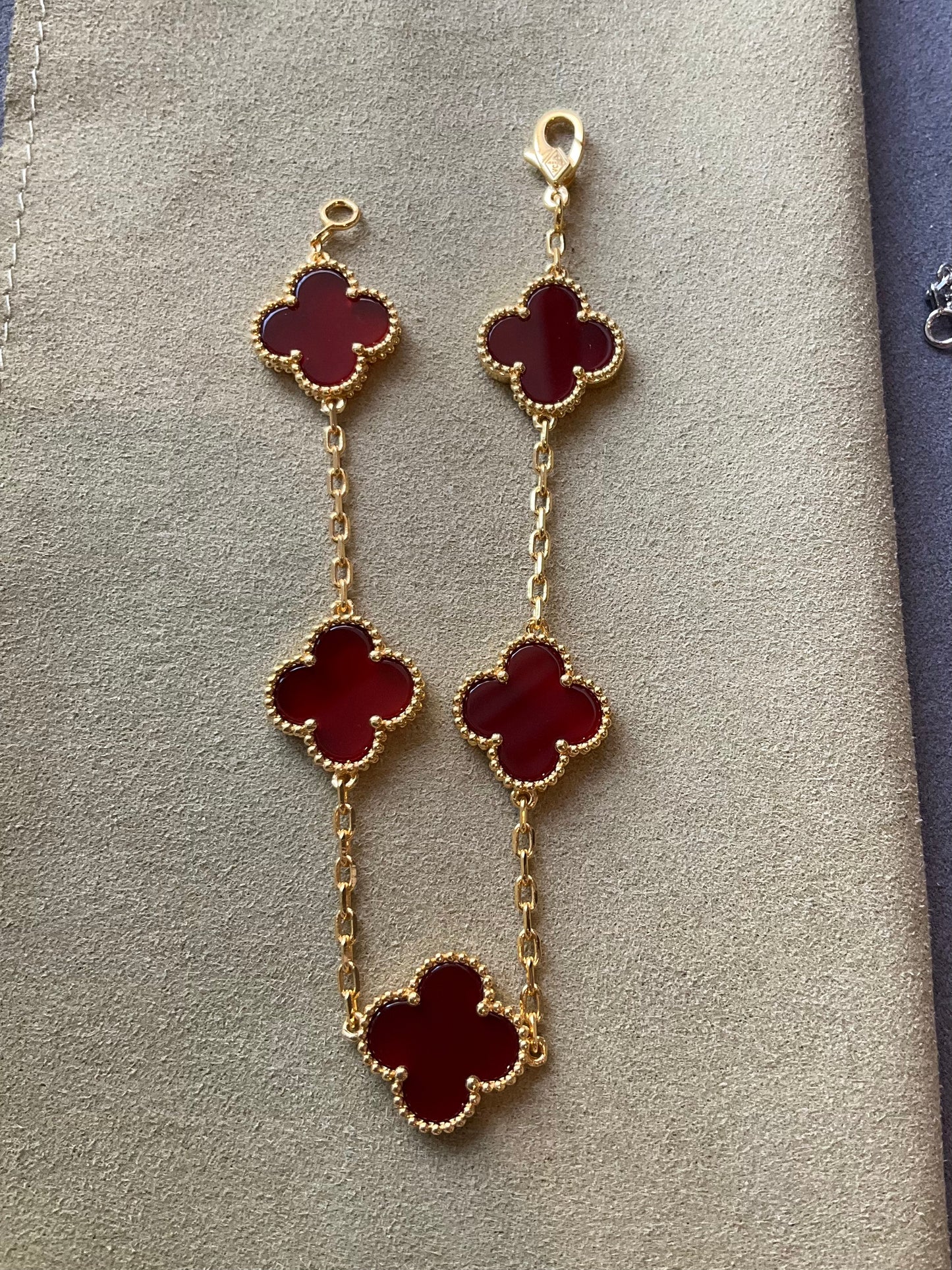 15mm carnelian 5 motifs clover bracelet 925 silver with 18k gold plated 7.5 inches - ParadiseKissCo