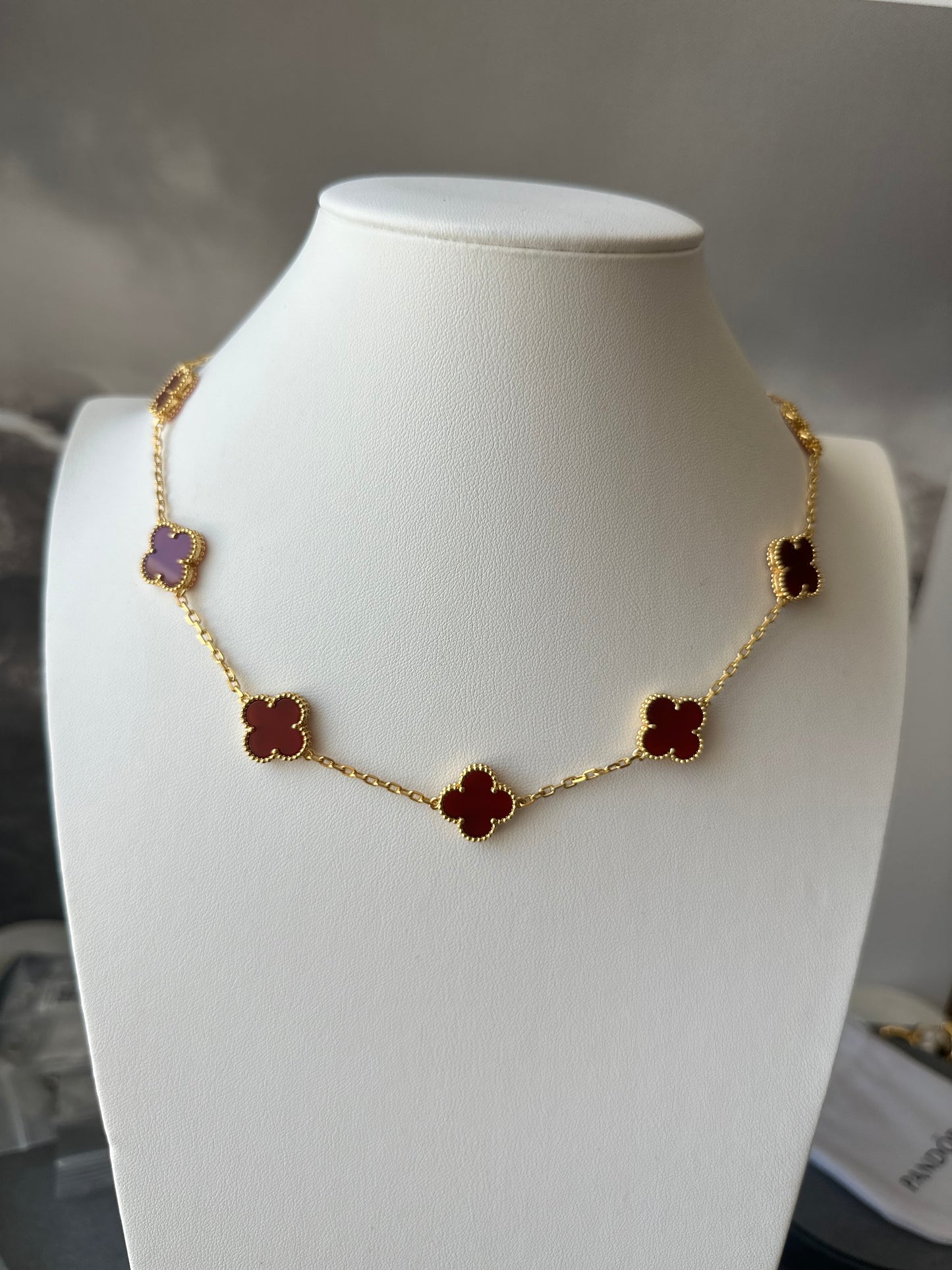 10 motifs Gemstone Gold Plated Four Leaf Clover Flower Style S 925 Silver Necklace 42cm long