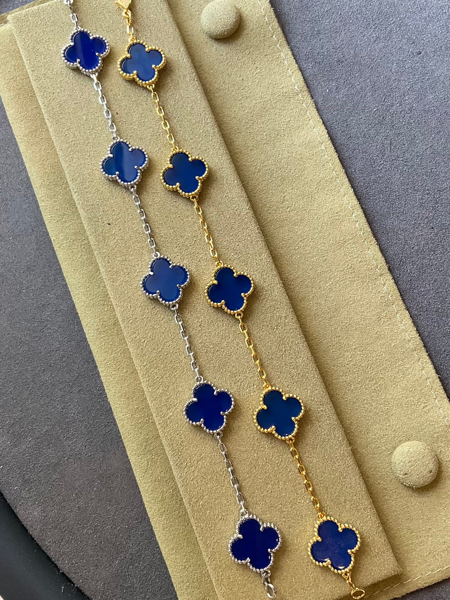 5 motifs 15mm clover blue agate clover bracelet 925 silver with 18k gold plated 7.5 inches - ParadiseKissCo