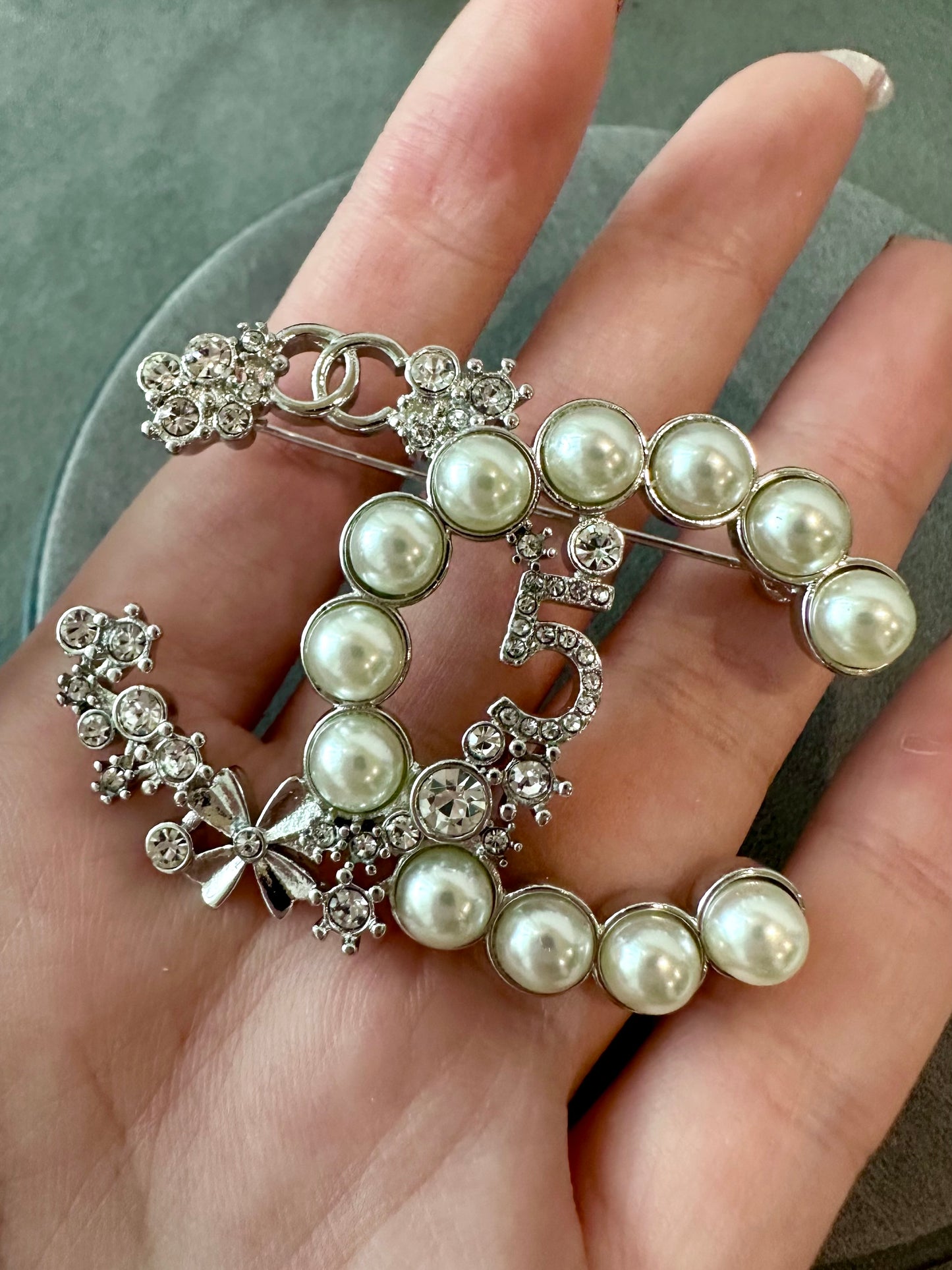 coco cz flowers No.5 diamond pearl brooch - ParadiseKissCo