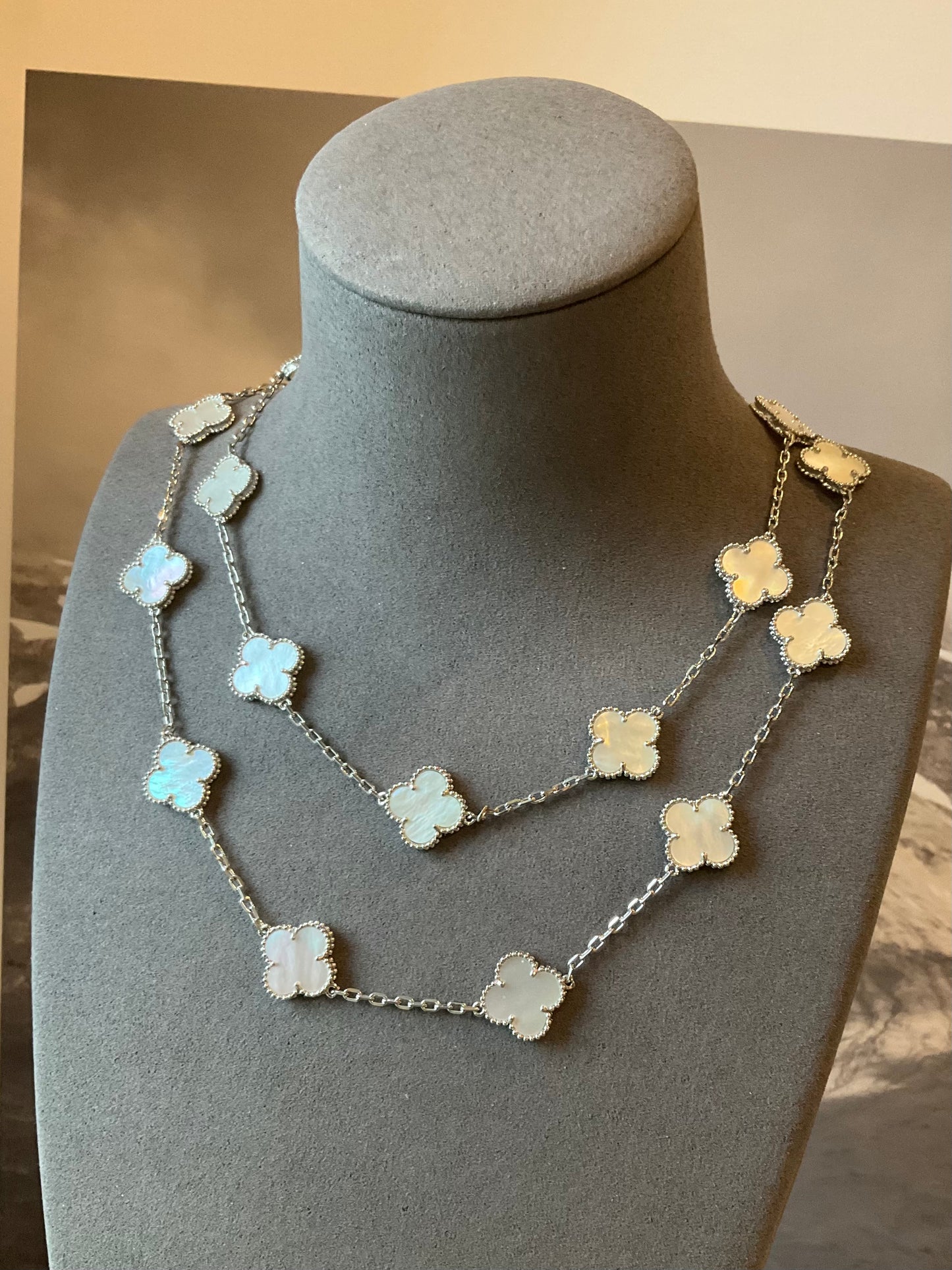 20 motifs mother of pearl 15mm clover necklace 925 silver with 18k white gold plated 84cm - ParadiseKissCo