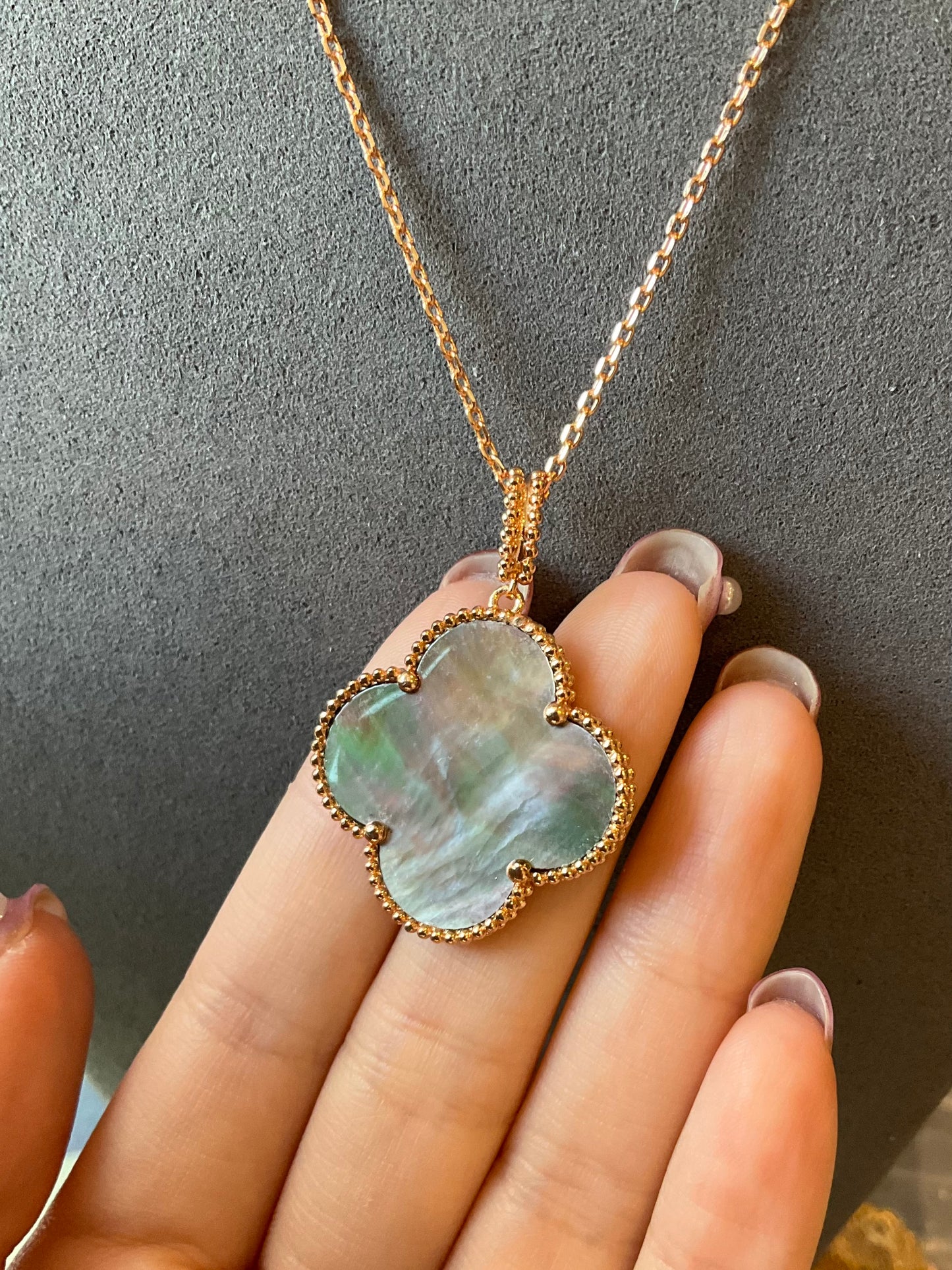 25mm clover grey mother of pearl necklace 925 silver 18k rose gold plated 88cm long - ParadiseKissCo