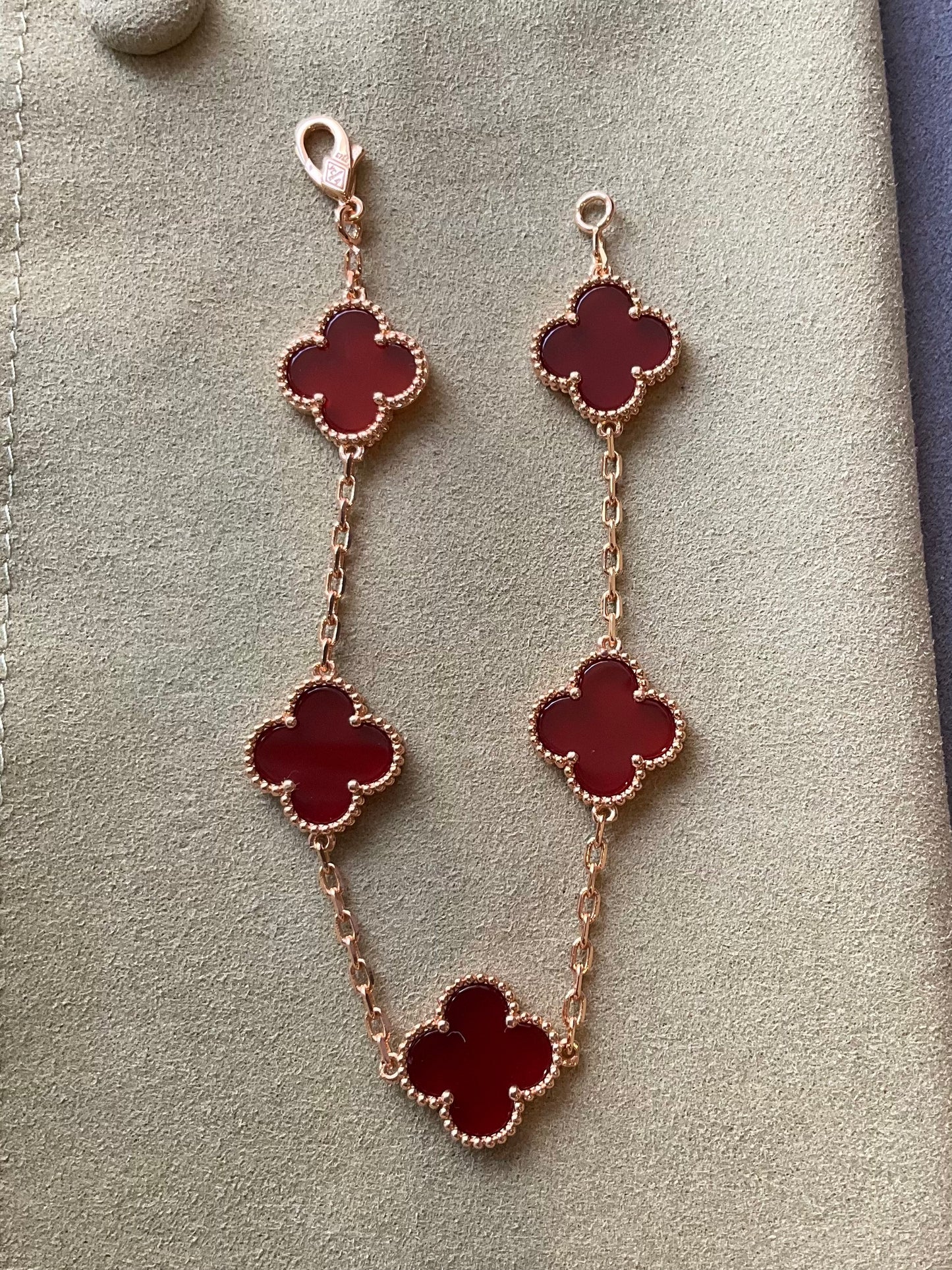 15mm carnelian 5 motifs clover bracelet 925 silver with 18k gold plated 7.5 inches - ParadiseKissCo