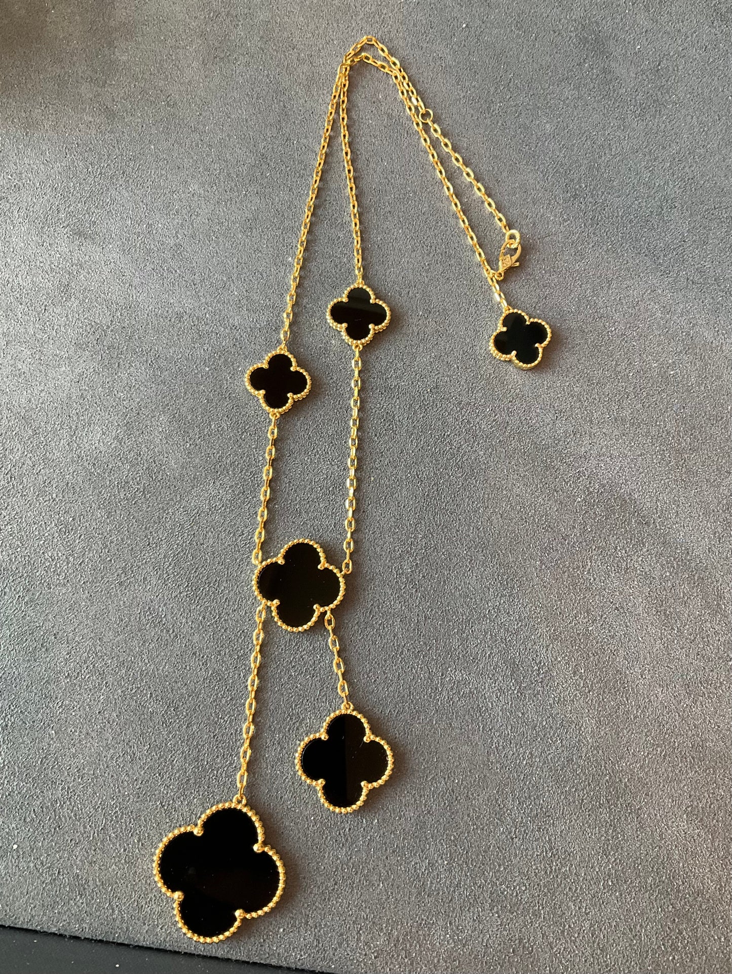 6 motifs black onxy clover charm necklace 925 silver 18k gold plated 42cm long - ParadiseKissCo