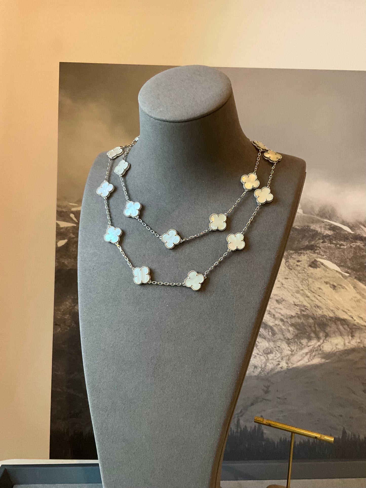 20 motifs mother of pearl 15mm clover necklace 925 silver with 18k white gold plated 84cm - ParadiseKissCo