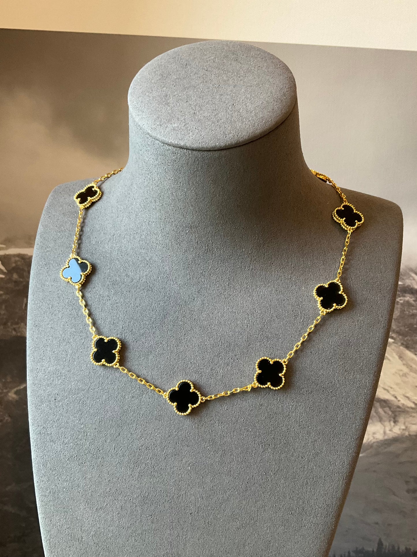 10 motifs onyx 15mm clover necklace 925 silver with 18k gold plated 42 cm long - ParadiseKissCo
