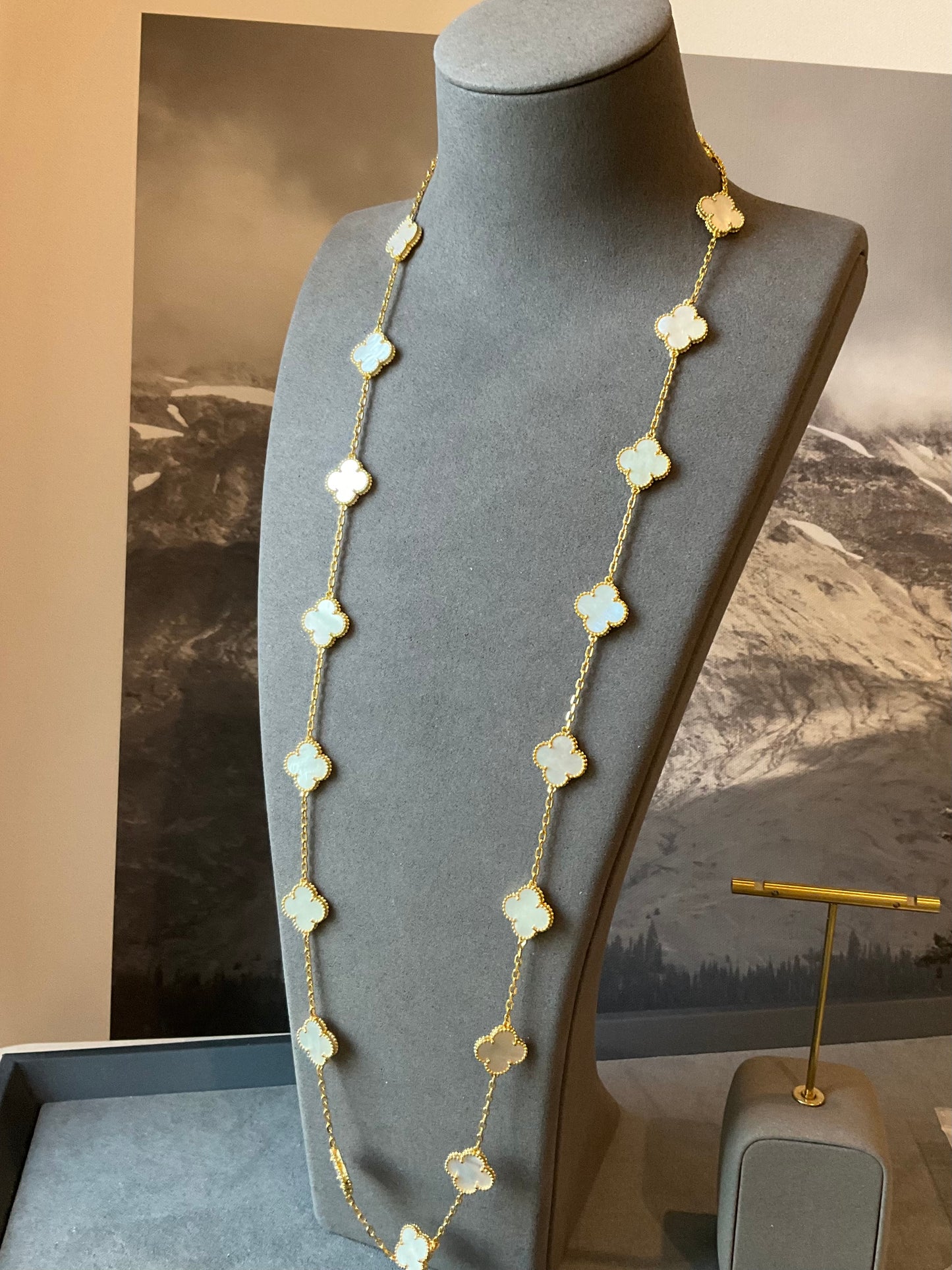 20 motifs mother of pearl 15mm clover necklace 925 silver with 18k gold plated 84cm long - ParadiseKissCo