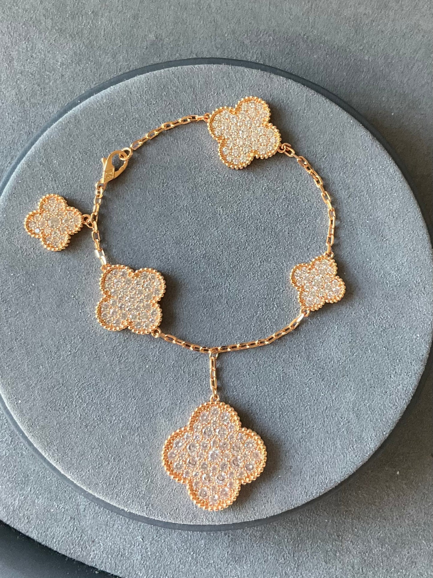 Cz Charm clover bracelet 925 silver 18k rose gold plated 7.5 inches long - ParadiseKissCo