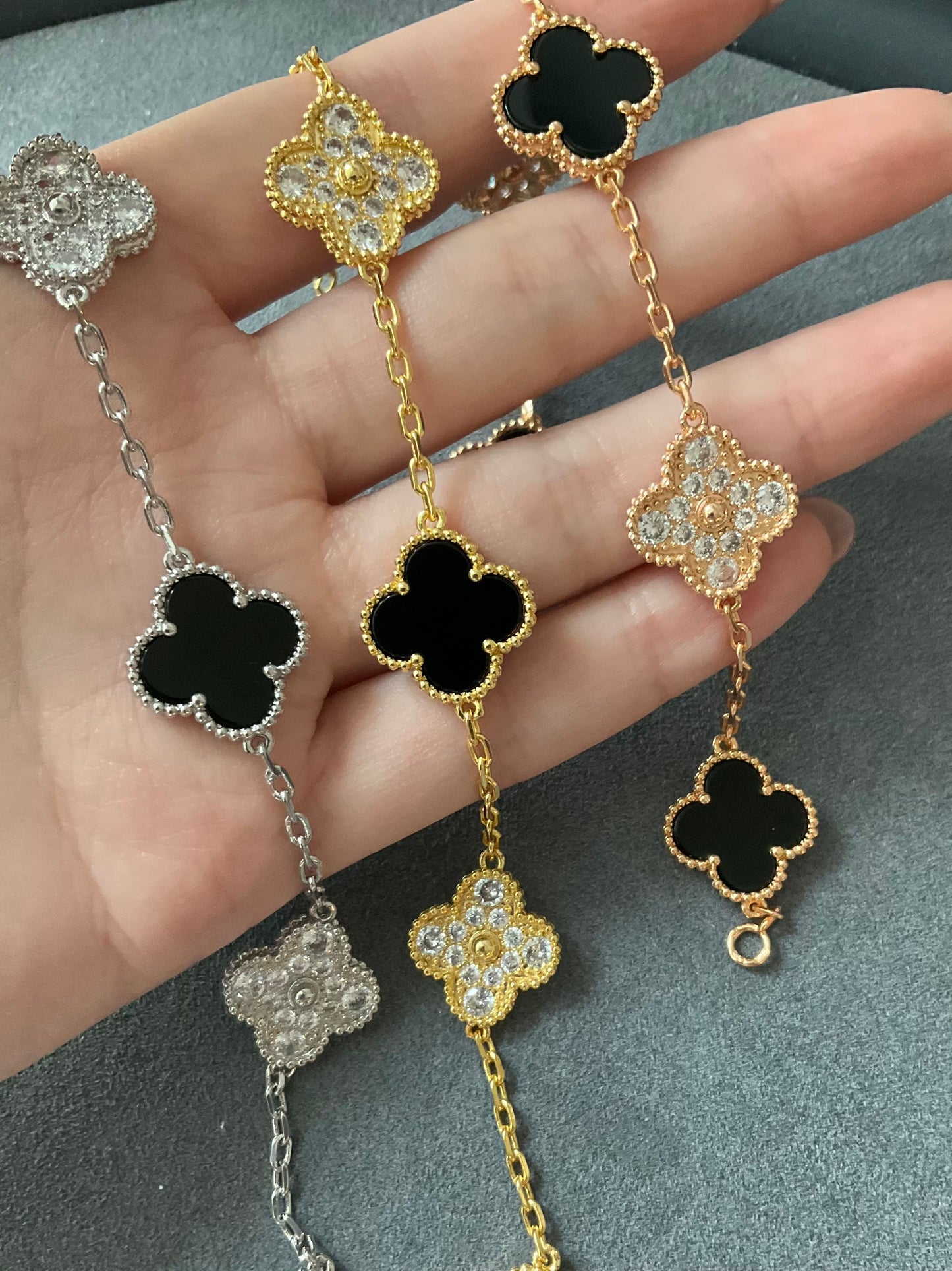 5 motifs 15mm Onyx cz clover bracelet 925 silver with 18k gold plated 7.5 inches - ParadiseKissCo