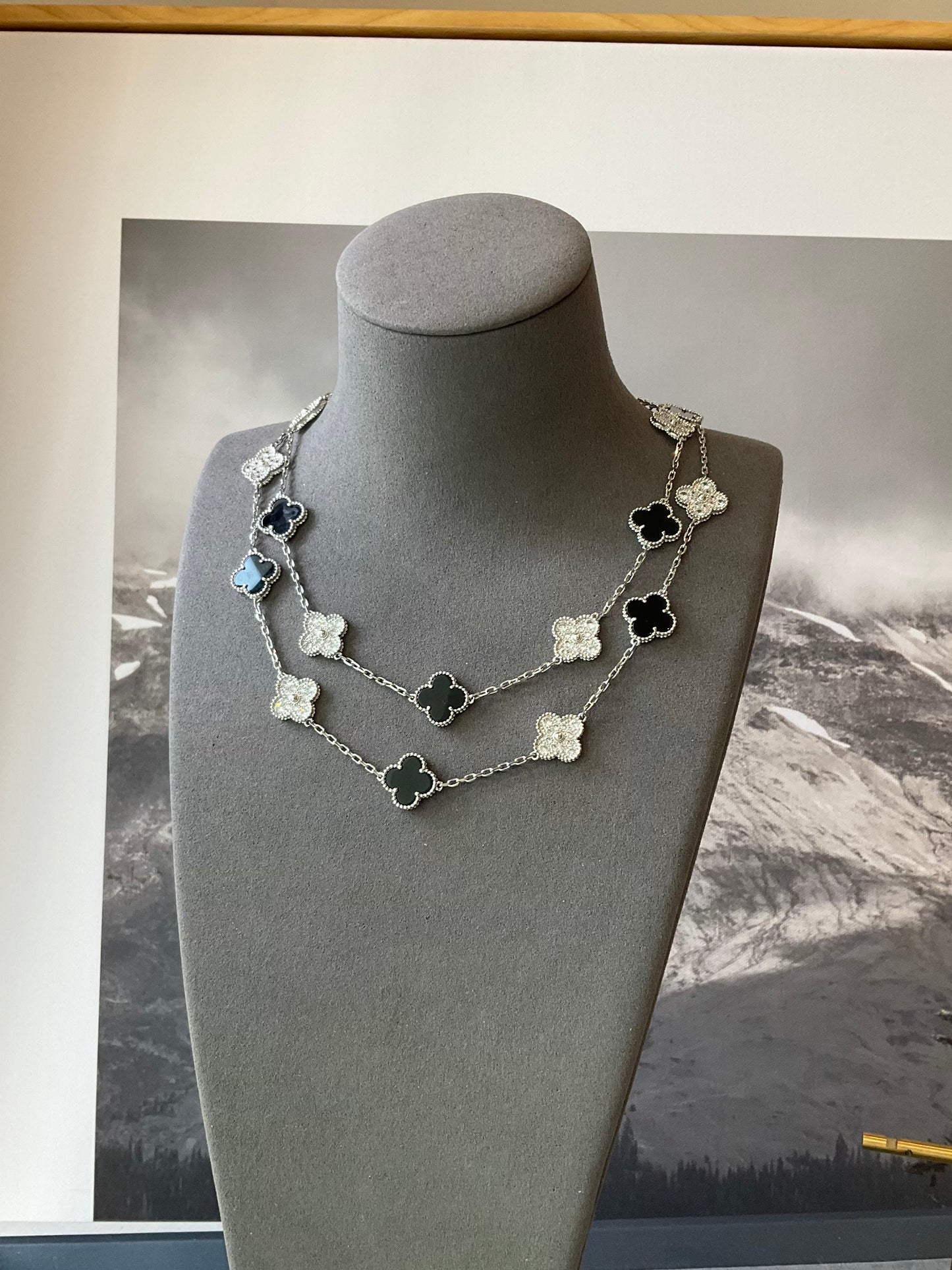 20 motifs onyx cz 15mm clover necklace 925 silver with 18k white gold plated 84cm - ParadiseKissCo