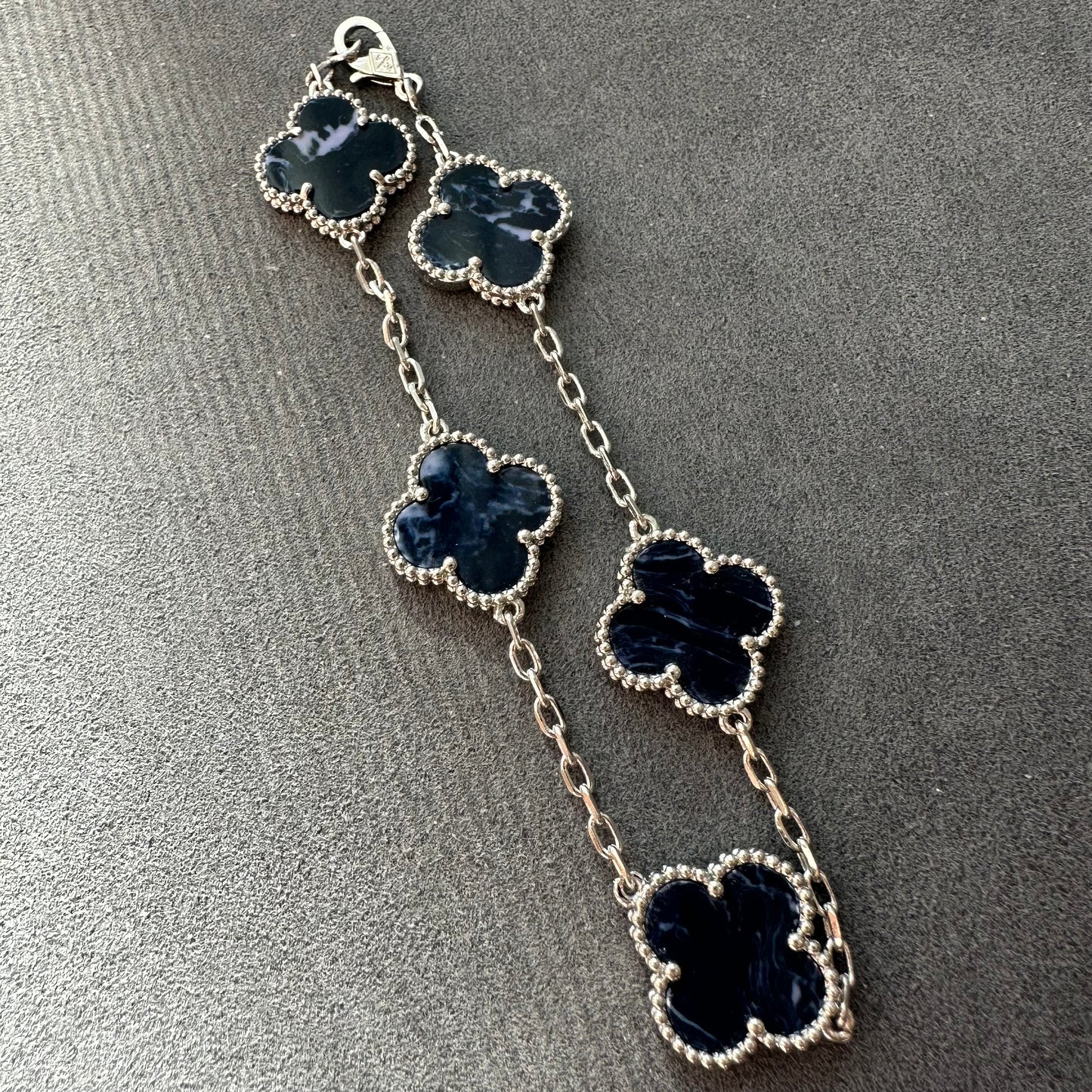 5 motifs Pietersite 15mm clover bracelet 925 silver with 18k white gold plated 7.5 inches