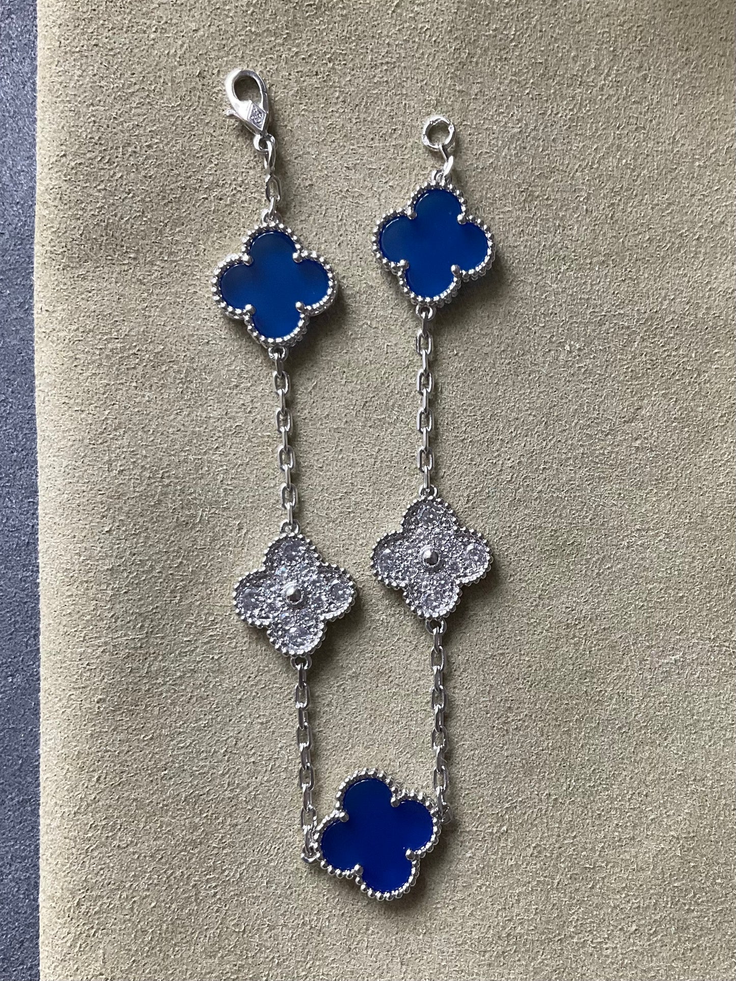 5 motifs 15mm cz clover blue agate clover bracelet 925 silver with 18k gold plated 7.5 inches - ParadiseKissCo