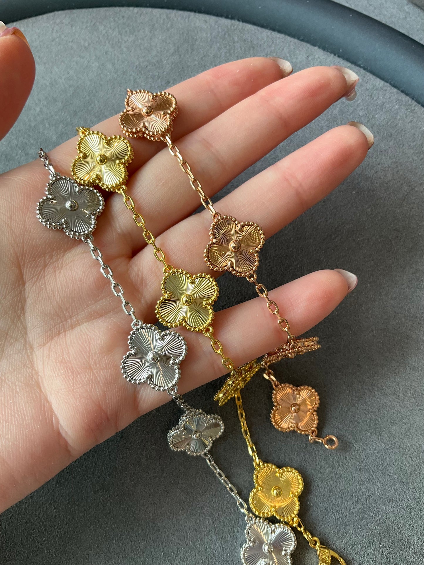 5 motifs Guillioche 15mm clover bracelet 925 silver 18k gold plated 7.5 inches long - ParadiseKissCo