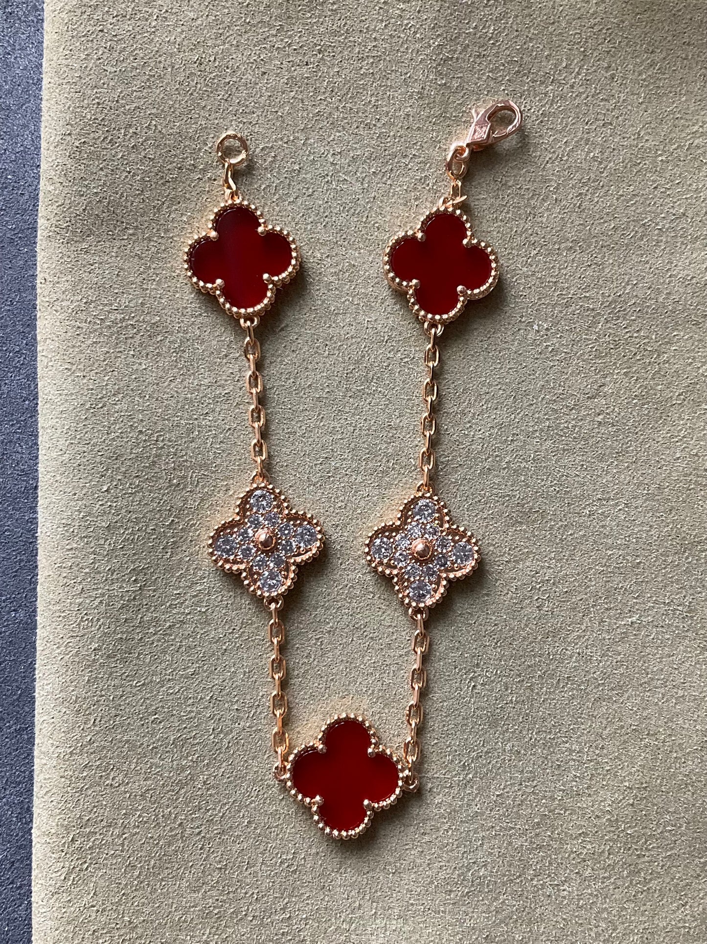 5 motifs 15mm carnelian cz clover bracelet 925 silver with 18k gold plated 7.5 inches - ParadiseKissCo