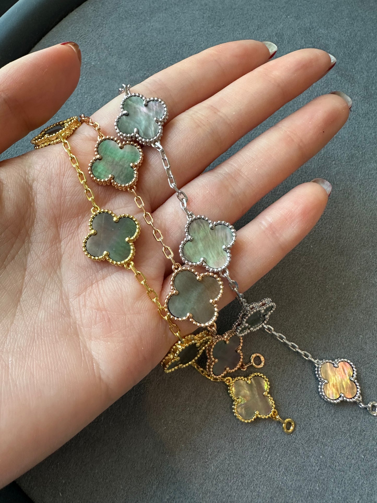 15mm Grey mother of pearl 5 motifs clover bracelet 925 silver with 18k gold plated 7.5 inches - ParadiseKissCo