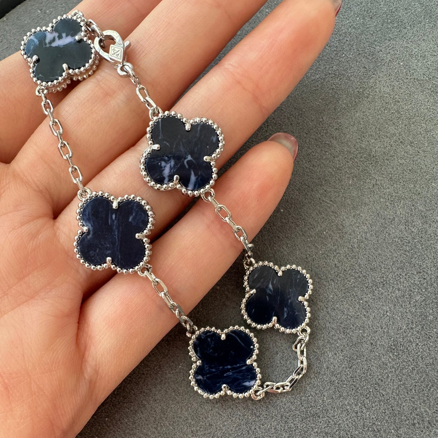 5 motifs Pietersite 15mm clover bracelet 925 silver with 18k white gold plated 7.5 inches