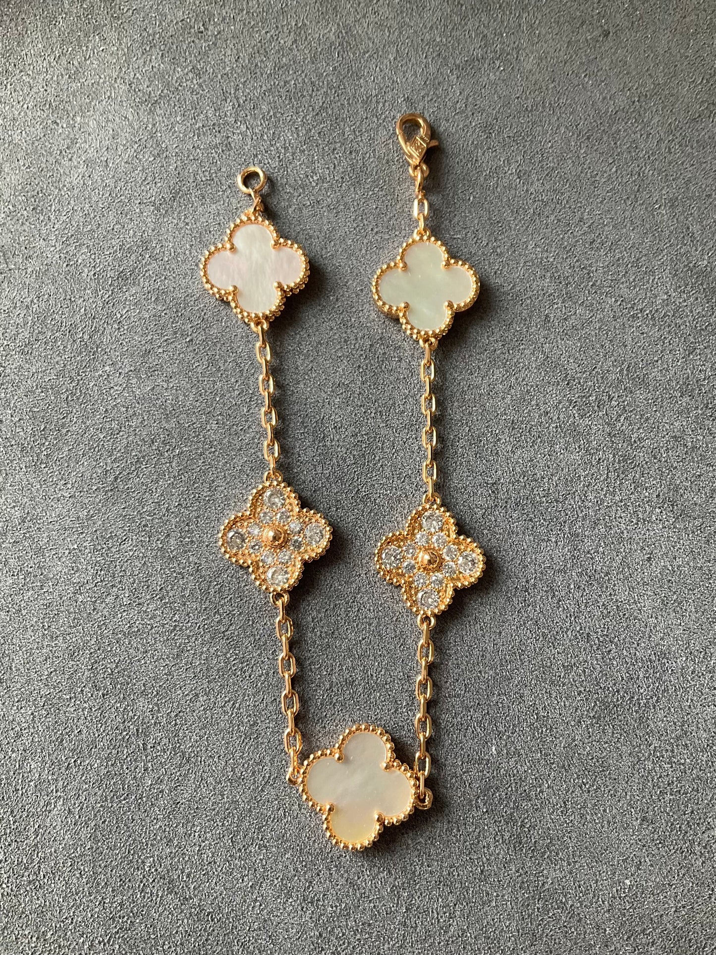 5 motifs 15mm White mother of pearl cz clover bracelet 925 silver with 18k gold plated 7.5 inches - ParadiseKissCo