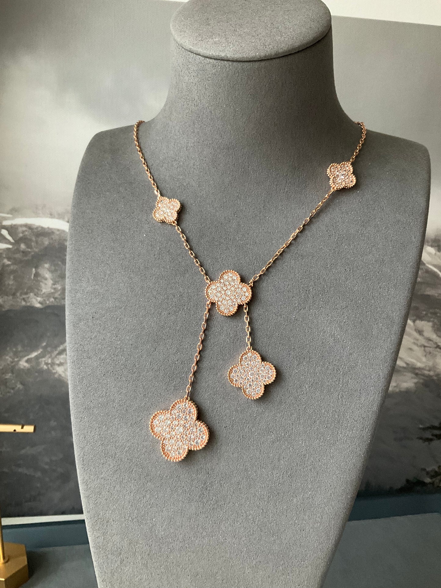 6 motifs CZ diamond charm clover necklace 925 silver rose gold plated 42cm - ParadiseKissCo