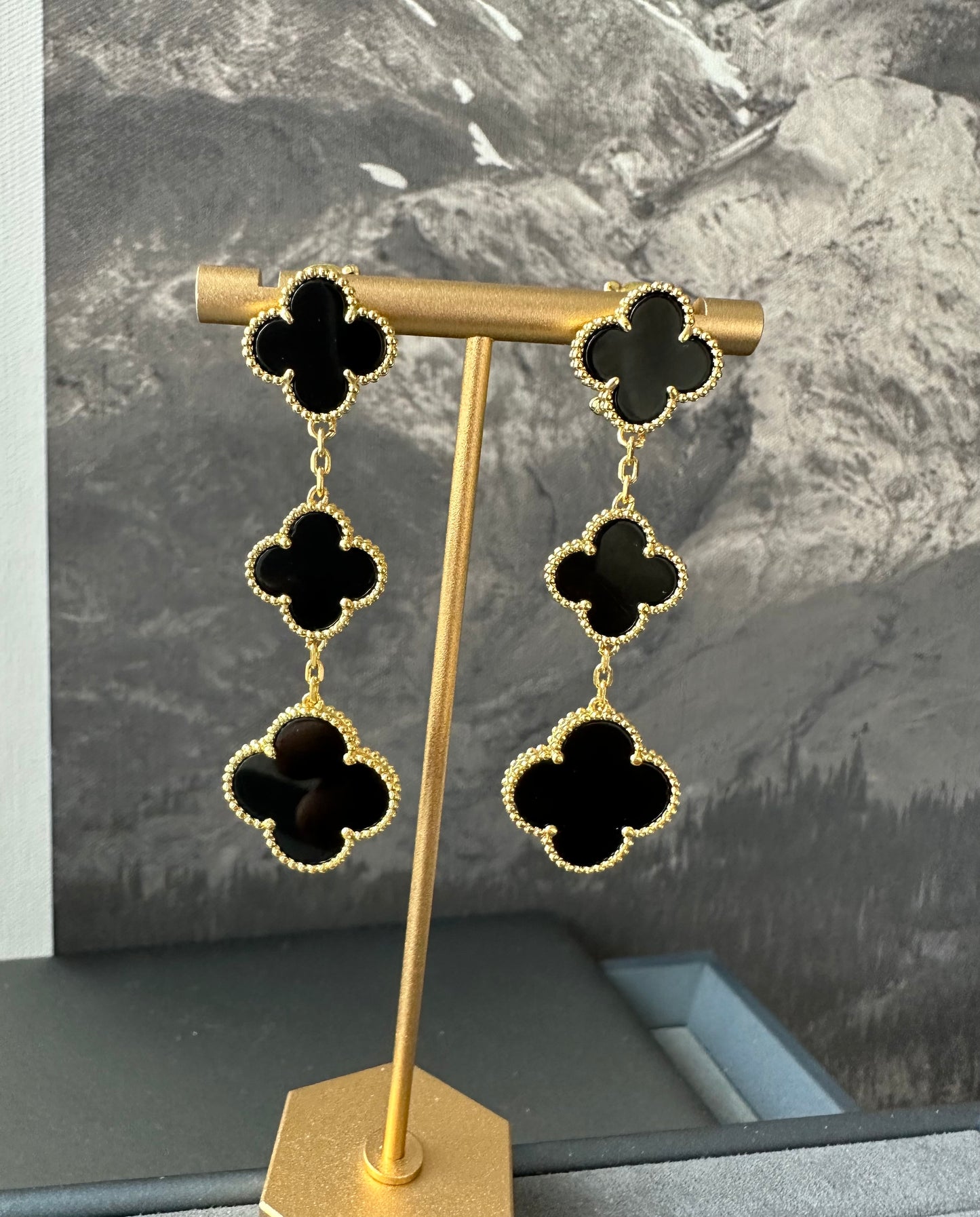 3 motifs Onyx clover earrings clover dangle earrings 925 silver 18k gold plated - ParadiseKissCo