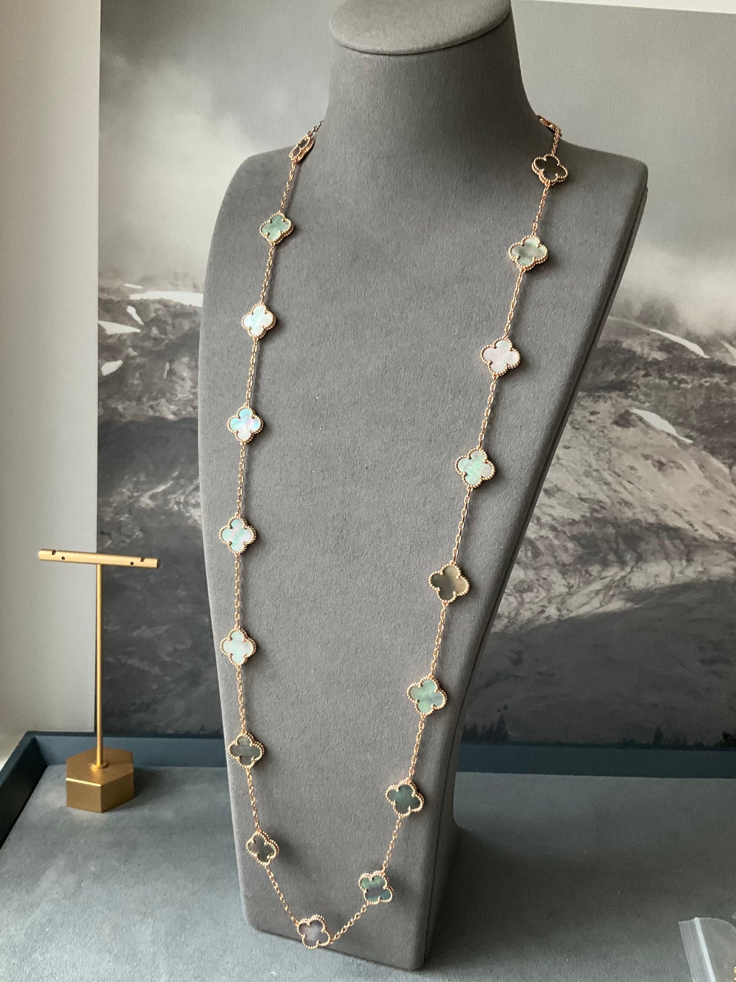 20 motifs Grey Mother of pearl clover necklace 925 silver rose gold plated 84cm long - ParadiseKissCo