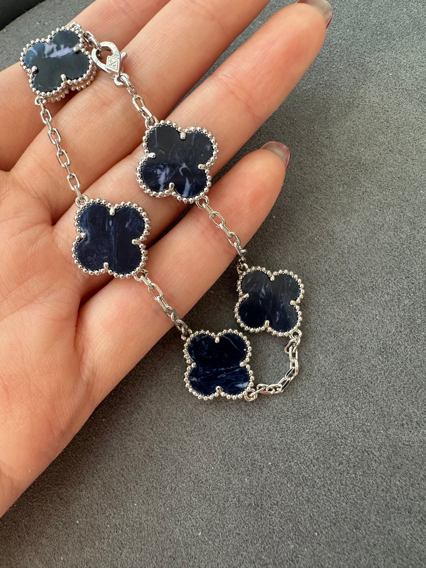 5 motifs Pietersite 15mm clover bracelet 925 silver with 18k white gold plated 7.5 inches - ParadiseKissCo