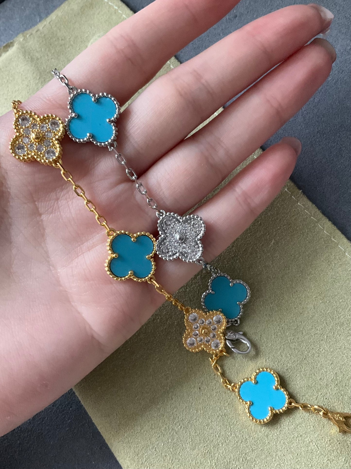 5 motifs 15mm cz clover turquoise clover bracelet 925 silver with 18k gold plated 7.5 inches - ParadiseKissCo