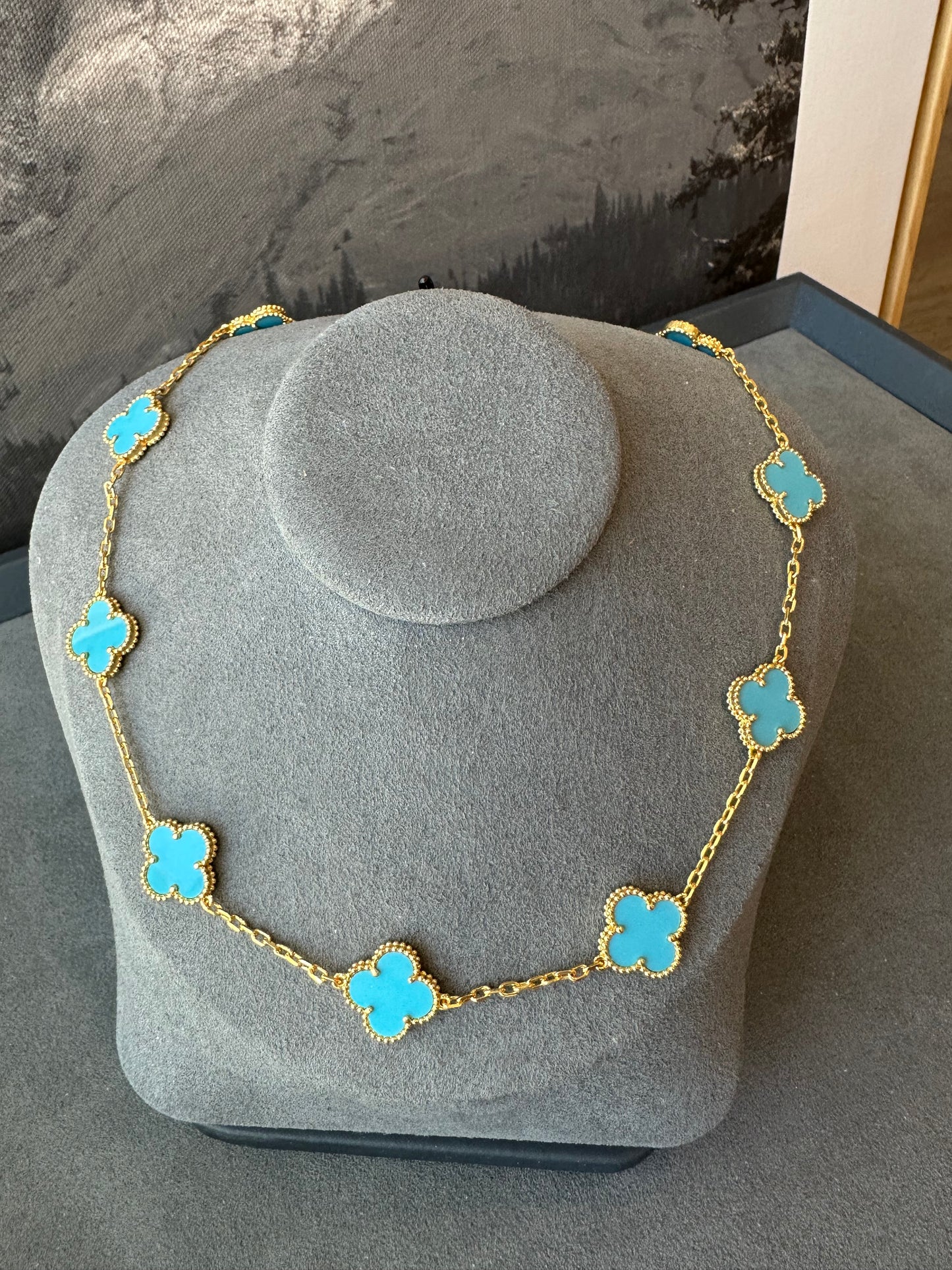 10 motifs Gemstone Gold Plated Four Leaf Clover Flower Style S 925 Silver Necklace 42cm long