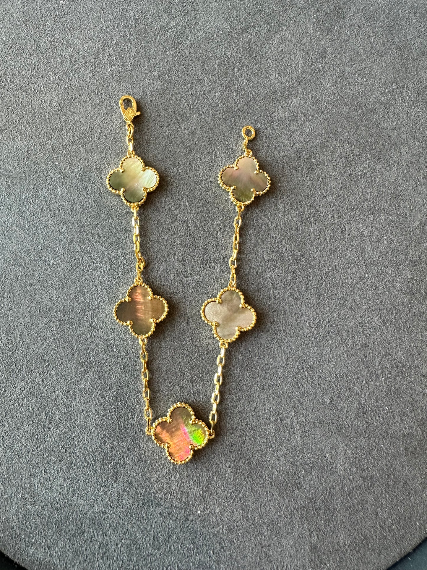 15mm Grey mother of pearl 5 motifs clover bracelet 925 silver with 18k gold plated 7.5 inches - ParadiseKissCo