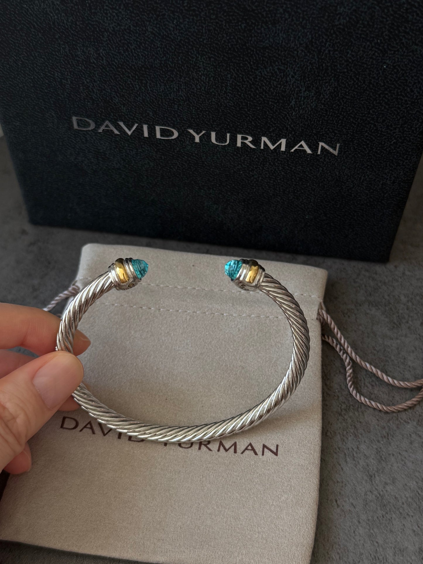 5mm Cable Blue Topaz and 14K Yellow Gold Bracelet 19cm
