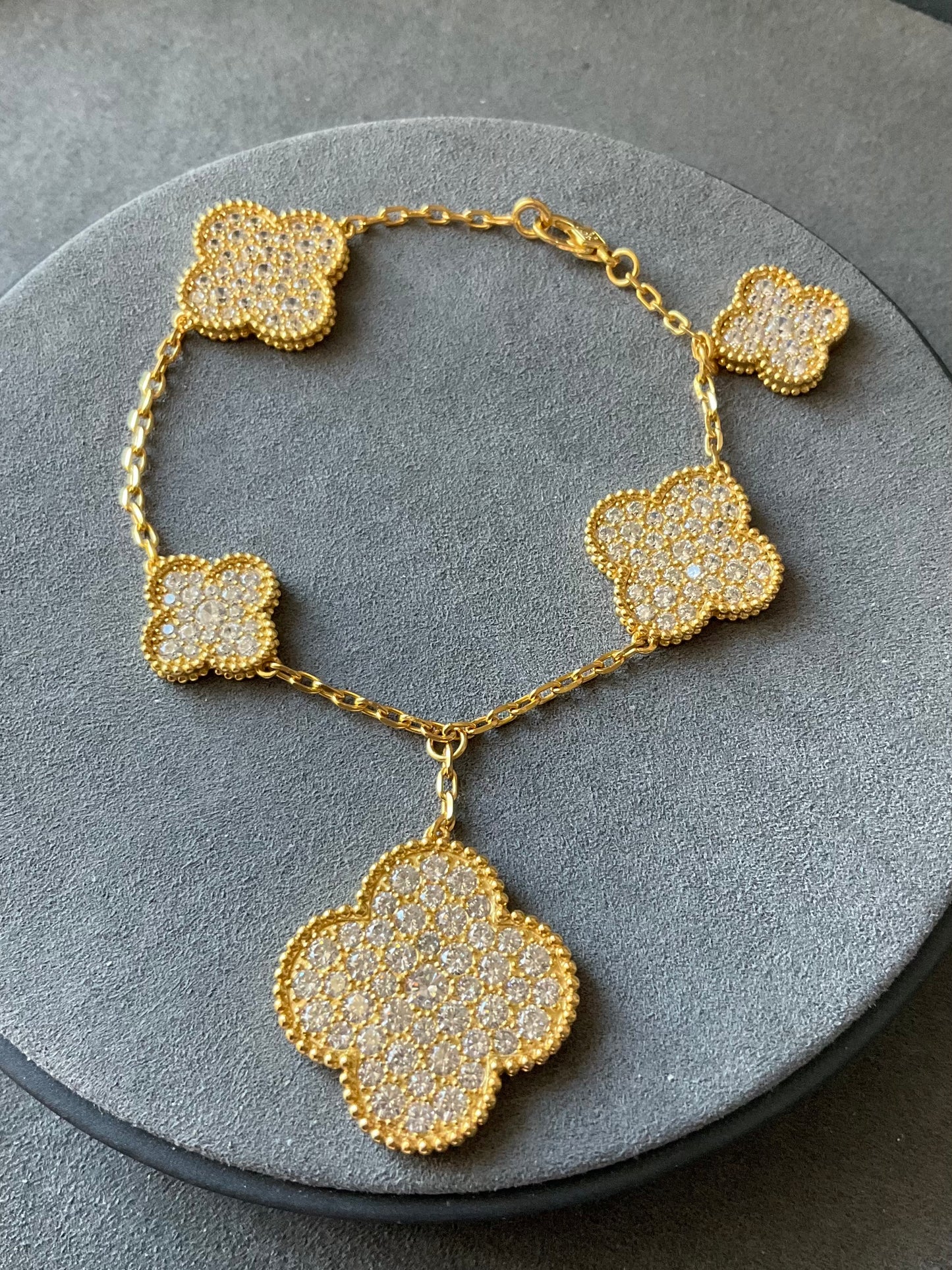 Cz Charm clover bracelet 925 silver 18k gold plated 7.5 inches long - ParadiseKissCo
