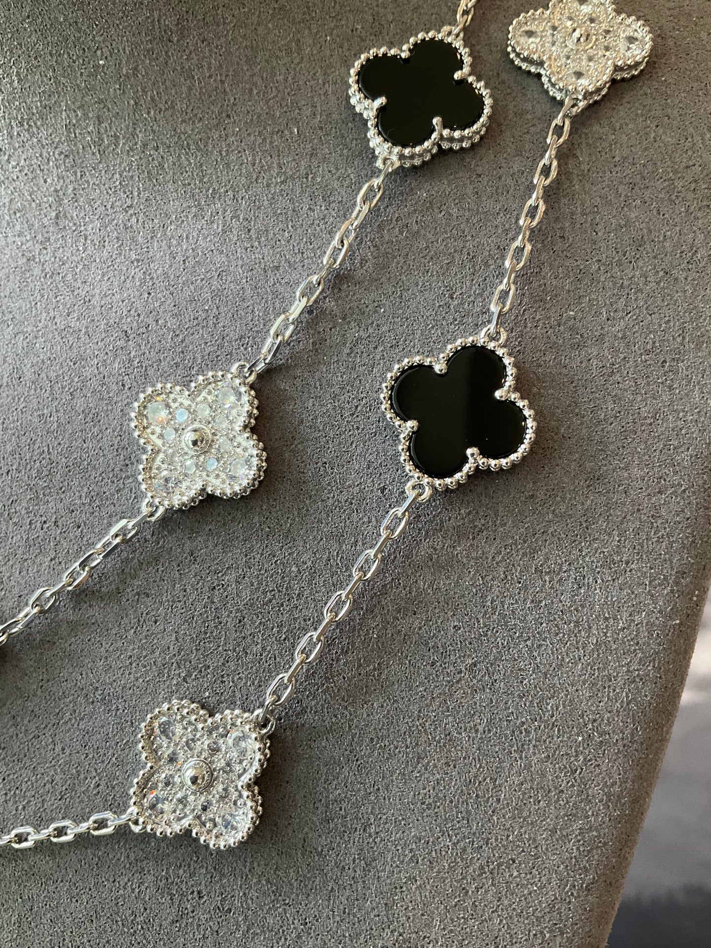 20 motifs onyx cz 15mm clover necklace 925 silver with 18k white gold plated 84cm - ParadiseKissCo