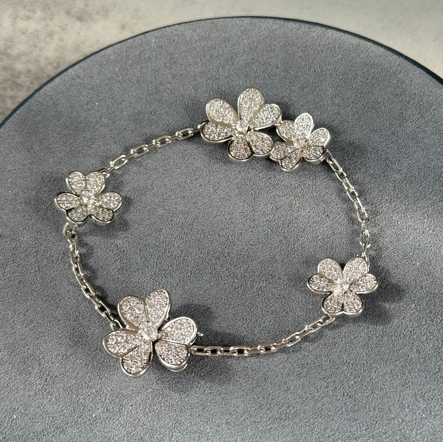Cz frivole clover bracelet 925 silver 18k white gold plated 17cm long