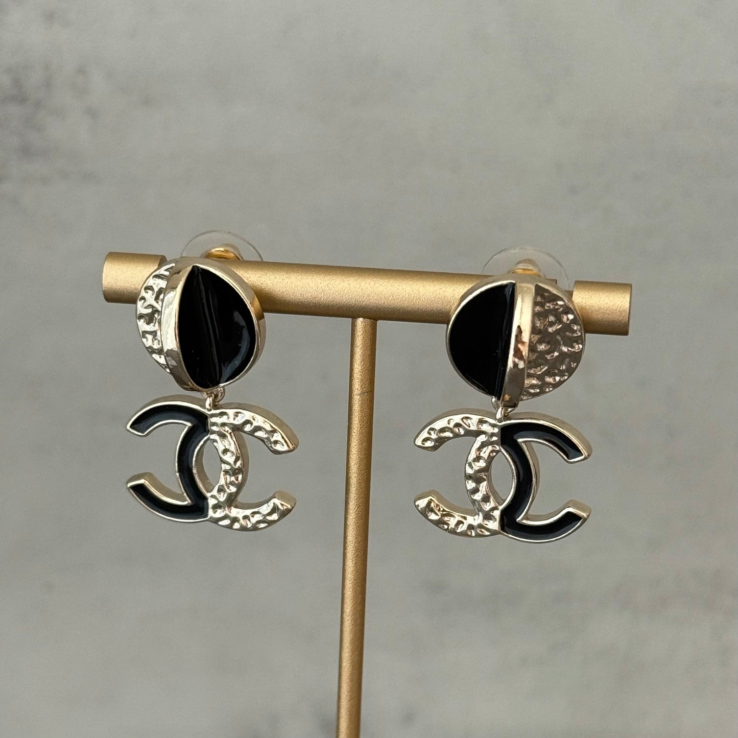 coco Gold Tone Black Enamel Double C Dangle Earrings
