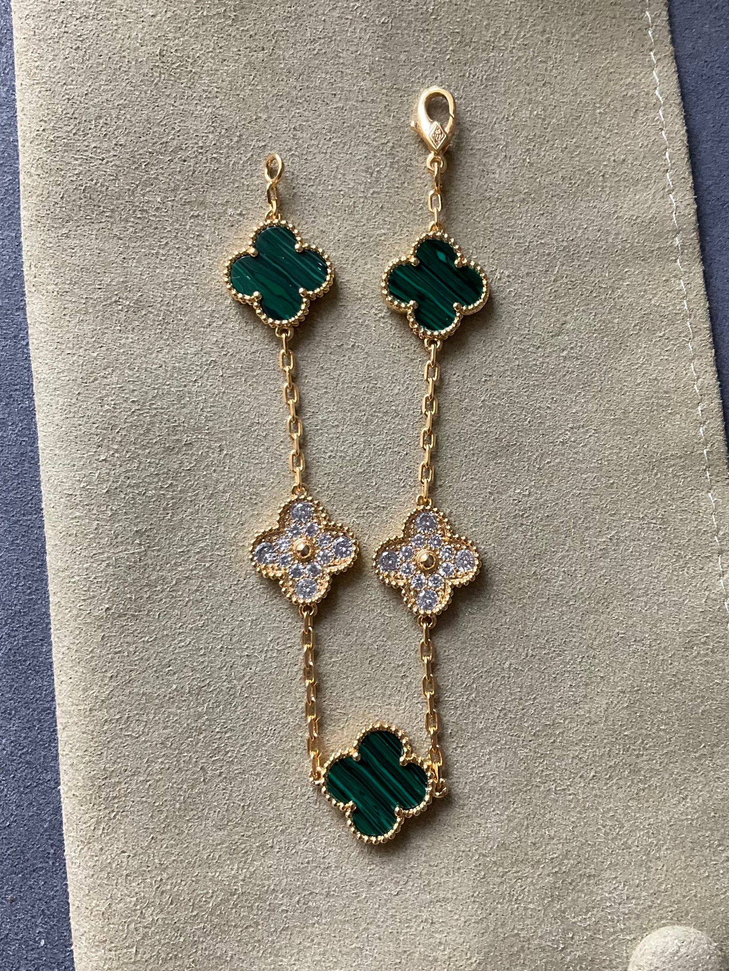 5 motifs 15mm cz clover malachite clover bracelet 925 silver 18k gold plated 7.5 inches - ParadiseKissCo