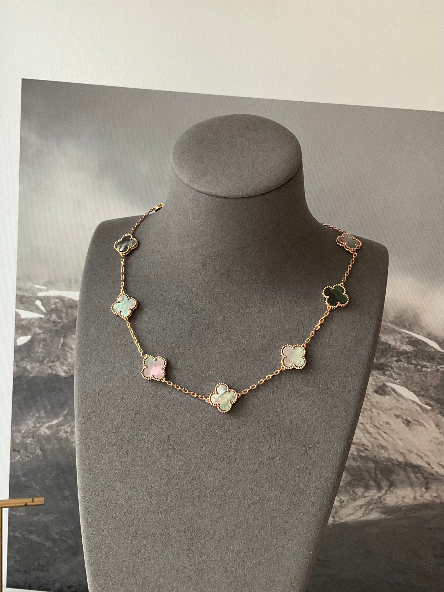 10 Grey mother of pearl Rose Gold Plated Four Leaf Clover Flower Style S 925 Silver Necklace 42cm - ParadiseKissCo