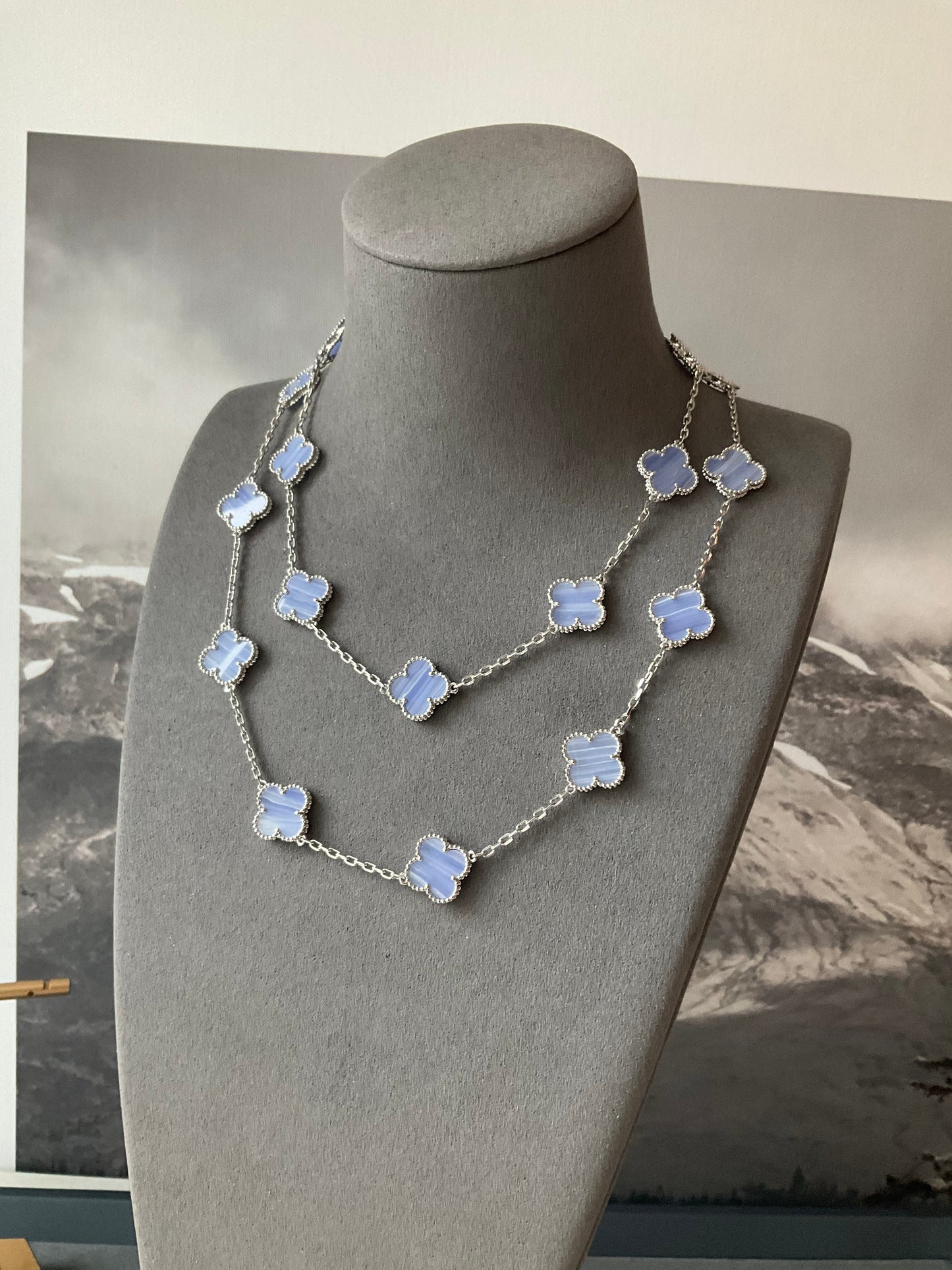 20 motifs chalcedony White Gold Plated Four Leaf Clover Flower Style S 925 Silver Necklace 84cm - ParadiseKissCo